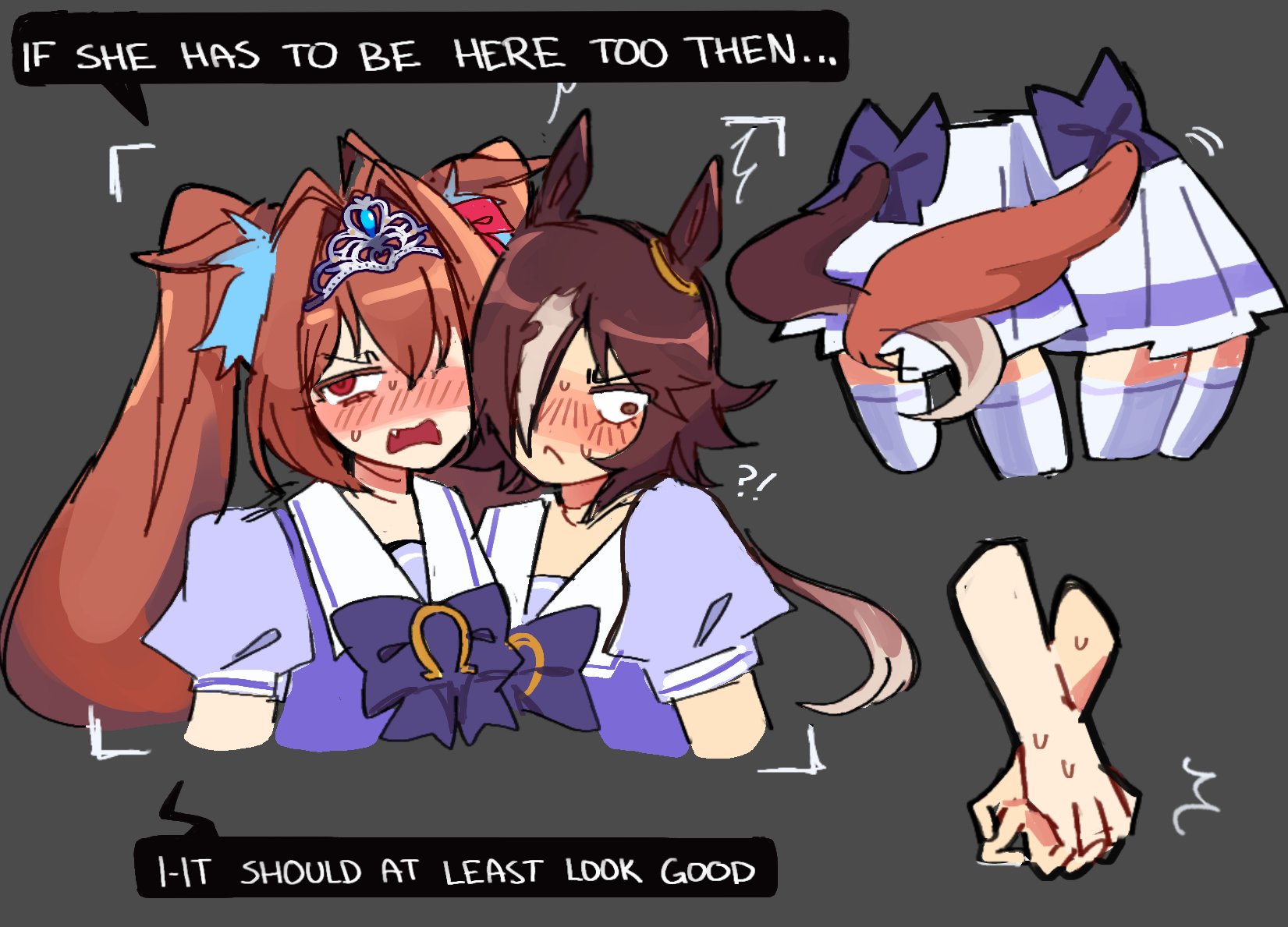 yumeyuk0, daiwa scarlet (umamusume), vodka (umamusume), umamusume, commentary, english commentary, highres, 2girls, alcohol, animal ears, blush, brown hair, couple, embarrassed, grey background, hair over one eye, holding hands, horse ears, horse girl, horse tail, intertwined tails, long hair, multiple girls, school uniform, short hair, speech bubble, tail, tiara, tracen school uniform, twintails, yuri