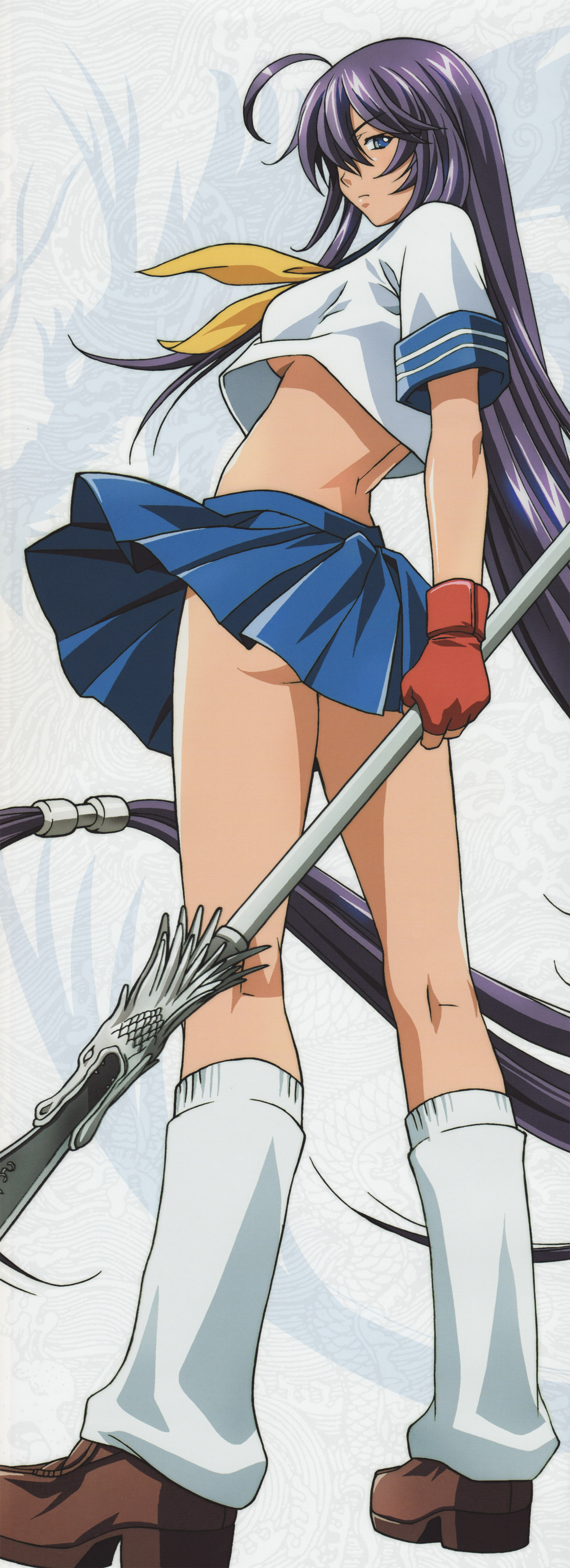 kan'u unchou, ikkitousen, absurdres, highres, long image, tall image, 00s, 1girl, breasts, female focus, long hair, low-tied long hair, medium breasts, no bra, polearm, school uniform, serafuku, socks, solo, underboob, weapon, wind, wind lift