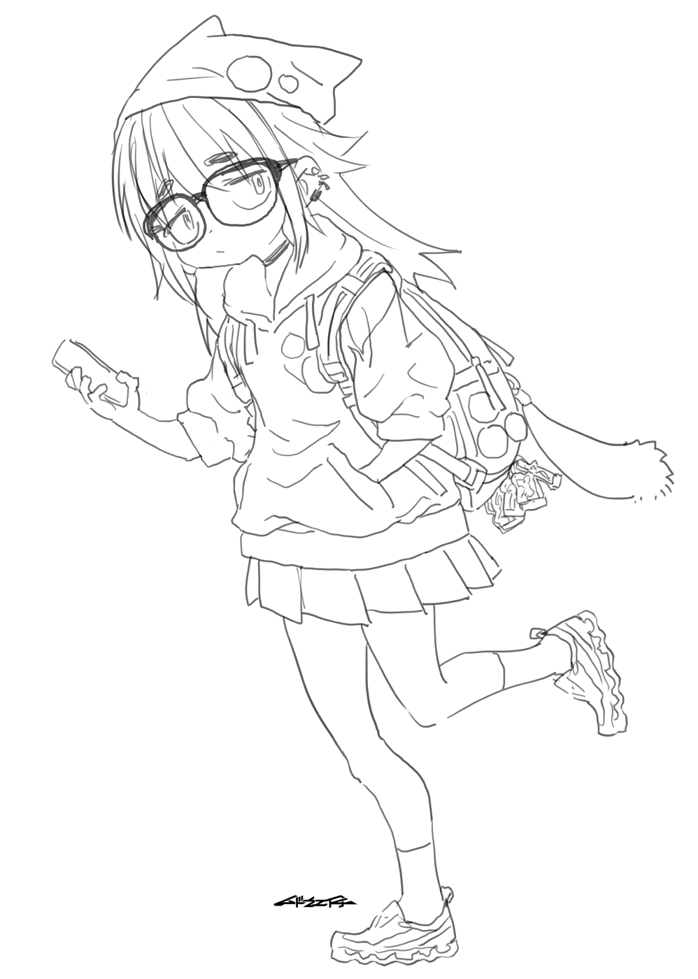 mudou eichi, original, highres, 1girl, bag, borrowed accessory, choker, ear piercing, glasses, holding, holding phone, hood, hoodie, long hair, phone, piercing, shoes, sneakers, solo