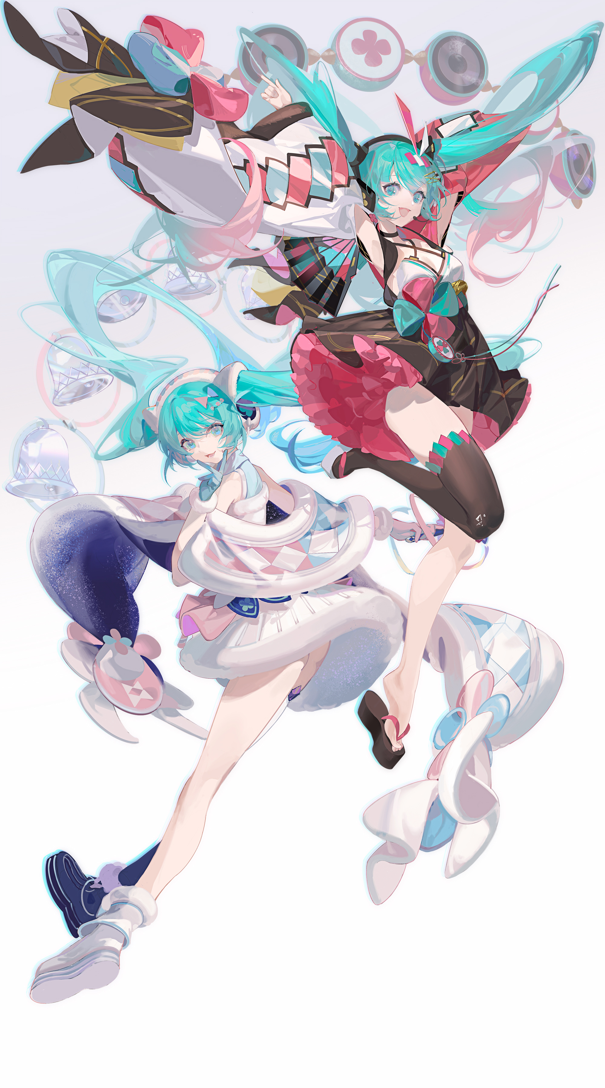 samo (shichun samo), hatsune miku, magical mirai miku, magical mirai miku (2020 summer), magical mirai miku (2020 winter), magical mirai (vocaloid), vocaloid, absurdres, highres, procreate (medium), 2girls, aqua bow, aqua bowtie, aqua eyes, aqua gloves, aqua hair, armpits, arms up, asymmetrical legwear, bell, black thighhighs, bow, bowtie, breasts, cherry blossom print, dress, drum, dual persona, floral print, fur-trimmed dress, fur-trimmed gloves, fur trim, gloves, handbell, holding, holding bell, instrument, japanese clothes, kimono, long sleeves, medium breasts, mismatched legwear, multiple girls, official alternate costume, official alternate hairstyle, open mouth, pink bow, pink bowtie, pink gloves, simple background, single thighhigh, smile, speaker, thighhighs, twintails, vest, white background, white kimono, wide sleeves, yukata