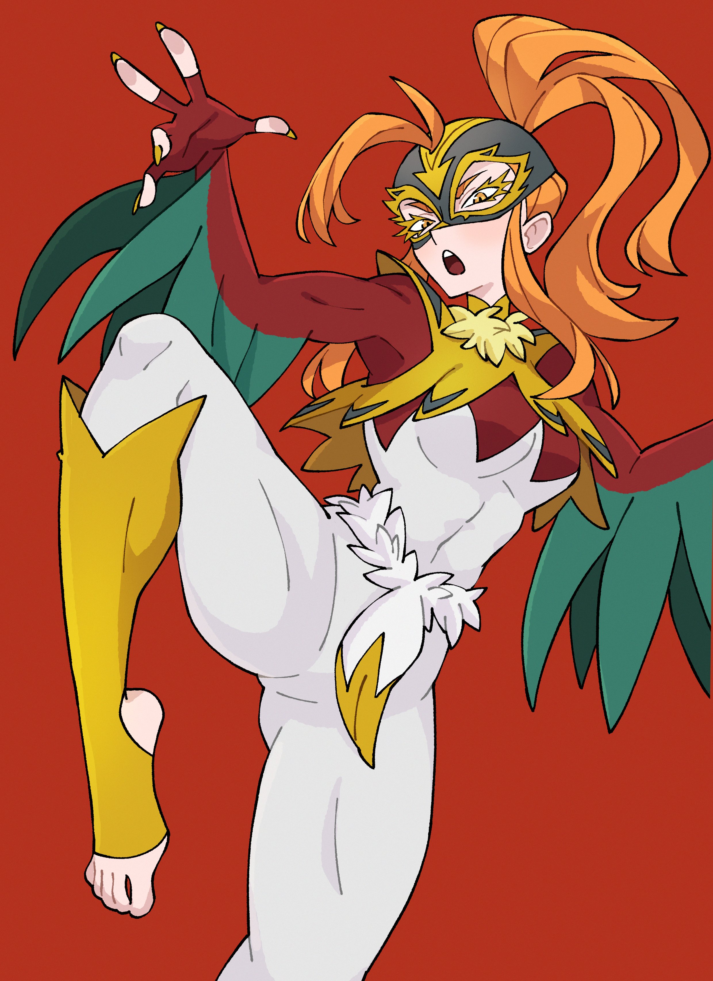doodlelotl, hawlucha, mega hawlucha, nintendo, pokemon, pokemon legends: z-a, absurdres, commentary, english commentary, highres, 1girl, 2025, ahoge, ass, black mask, blush, bodysuit, breasts, detached collar, feathered wings, feathers, feet, female focus, fingernails, foot out of frame, fur-trimmed belt, fur trim, gen 6 pokemon, gluteal fold, huge ahoge, leg up, long hair, looking at viewer, luchador mask, medium breasts, mega pokemon, muscular, muscular female, open hand, open mouth, orange hair, personification, plume, ponytail, red background, serious, sharp fingernails, sidelocks, simple background, solo, standing, standing on one leg, stirrup legwear, teeth, thighhighs, toeless legwear, toes, upper teeth only, white bodysuit, wings, yellow eyes, yellow nails, yellow thighhighs, yellow trim