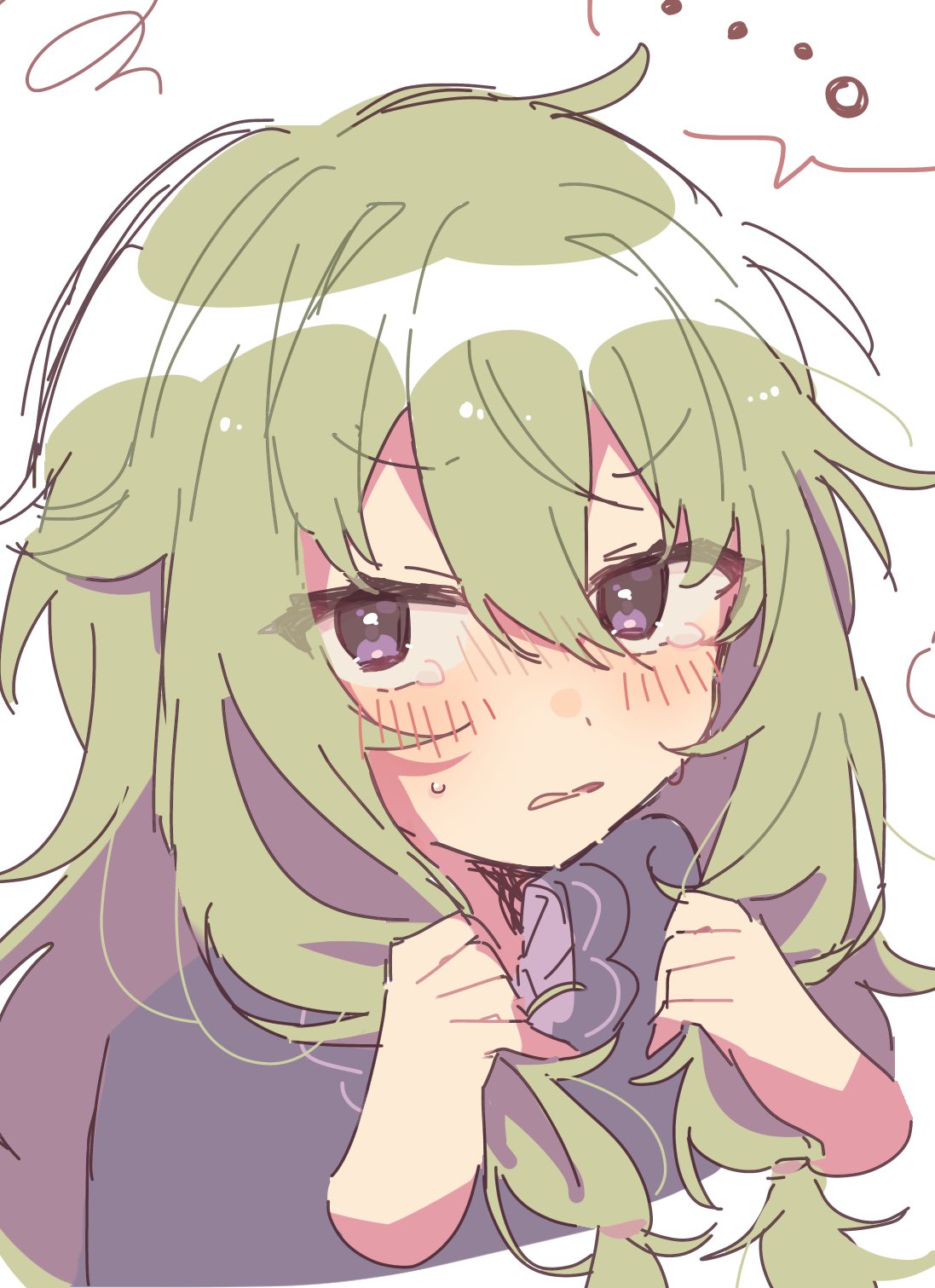 ra mntbti, kusanagi nene, project sekai, highres, …, 1girl, blush, cardigan, cropped torso, green hair, hair between eyes, holding, holding own hair, long hair, looking at viewer, low-tied long hair, low-tied sidelocks, purple eyes, shirt, sidelocks, simple background, solo, speech bubble, spoken ellipsis, sweat, tears, upper body, white background
