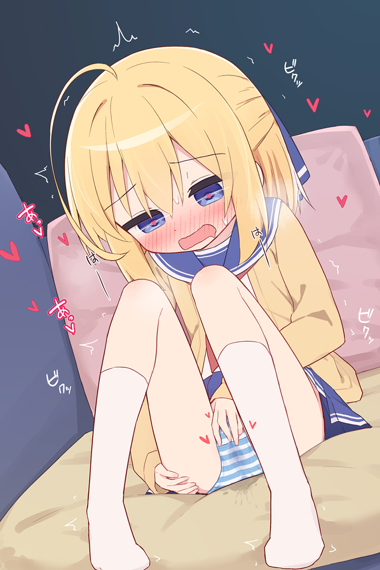 yuune (ayanepuna), yuki (ayanepuna), original, commentary request, paid reward available, 1girl, ahoge, blonde hair, blue eyes, blue sailor collar, blue skirt, blush, brown cardigan, cardigan, female masturbation, heart, masturbation, masturbation through clothes, open cardigan, open clothes, open mouth, panties, sailor collar, school uniform, serafuku, sitting, skirt, socks, solo, striped clothes, striped panties, underwear, white socks, yellow cardigan