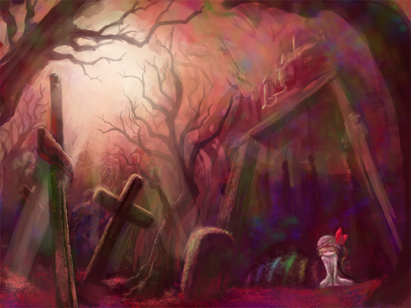 katzeh, flandre scarlet, touhou, 1girl, bare tree, bow, castle, creepy, cross, female focus, gloom (expression), grave, graveyard, hat, hat bow, latin cross, light rays, lonely, looking down, mob cap, night, on ground, outdoors, ponytail, red eyes, red theme, scared, side ponytail, sitting, solo, sunbeam, sunlight, tombstone, tree, v arms, wings