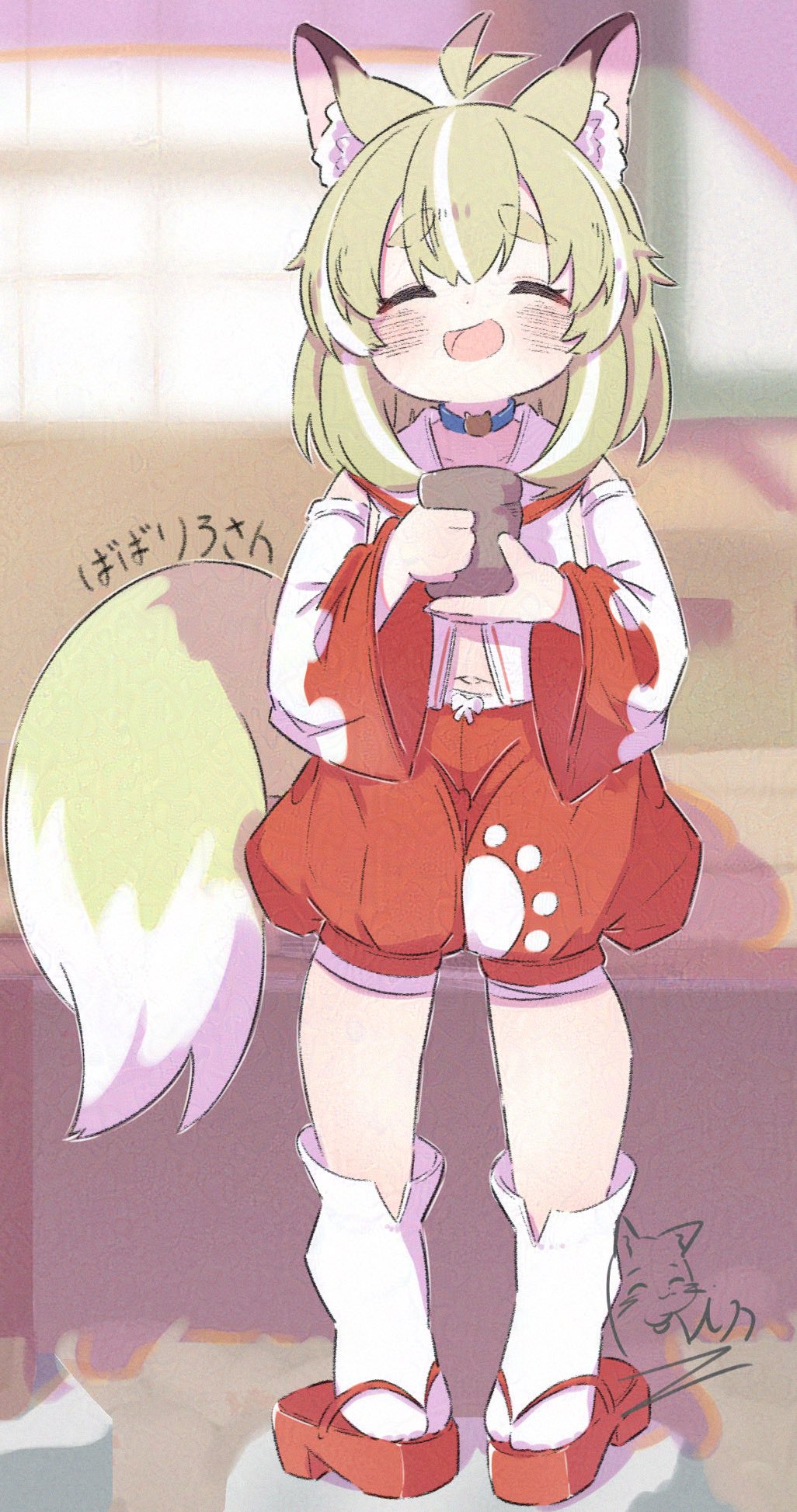inaririn, original, highres, 1girl, ahoge, animal ear fluff, animal ears, blonde hair, blue choker, blurry, blurry background, blush, choker, closed eyes, cup, detached sleeves, facing viewer, fang, fox ears, fox girl, fox tail, full body, green hair, holding, holding cup, indoors, japanese clothes, kimono, long sleeves, multicolored hair, navel, okobo, open mouth, platform sandals, puffy shorts, red shorts, sandals, shirt, shorts, smile, socks, solo, standing, streaked hair, tabi, tail, thick eyebrows, white kimono, white shirt, white sleeves, white socks, wide sleeves, yunomi, zouri