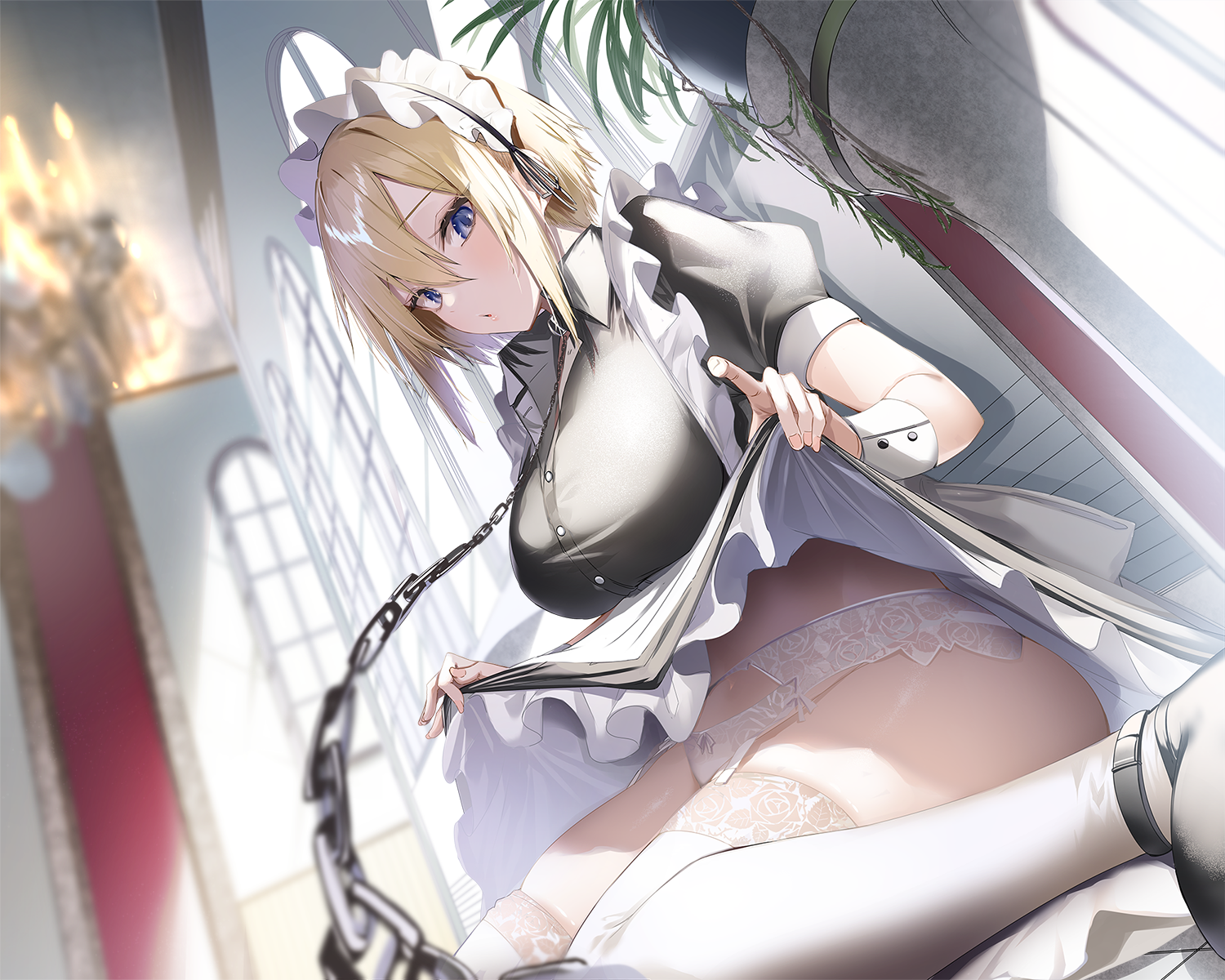 kakao (chocolate land), original, highres, 1girl, apron, black dress, black ribbon, black shoes, blonde hair, blue eyes, blurry, blurry background, bokeh, bow, bow panties, breasts, buttons, chain, chandelier, clothes lift, collared dress, day, depth of field, dress, dress lift, dutch angle, eyelashes, fingernails, frilled apron, frilled dress, frills, garter belt, garter straps, hair between eyes, indoors, lace, lace-trimmed thighhighs, lace trim, large breasts, leaf, lifting own clothes, looking at viewer, maid, maid apron, maid headdress, mary janes, panties, parted lips, pink nails, plant, potted plant, puffy short sleeves, puffy sleeves, purple bow, ribbon, shoes, short hair, short sleeves, sidelocks, sitting, skindentation, skirt, skirt lift, solo, thighhighs, underwear, waist apron, wariza, white apron, white panties, white thighhighs, window, wrist cuffs
