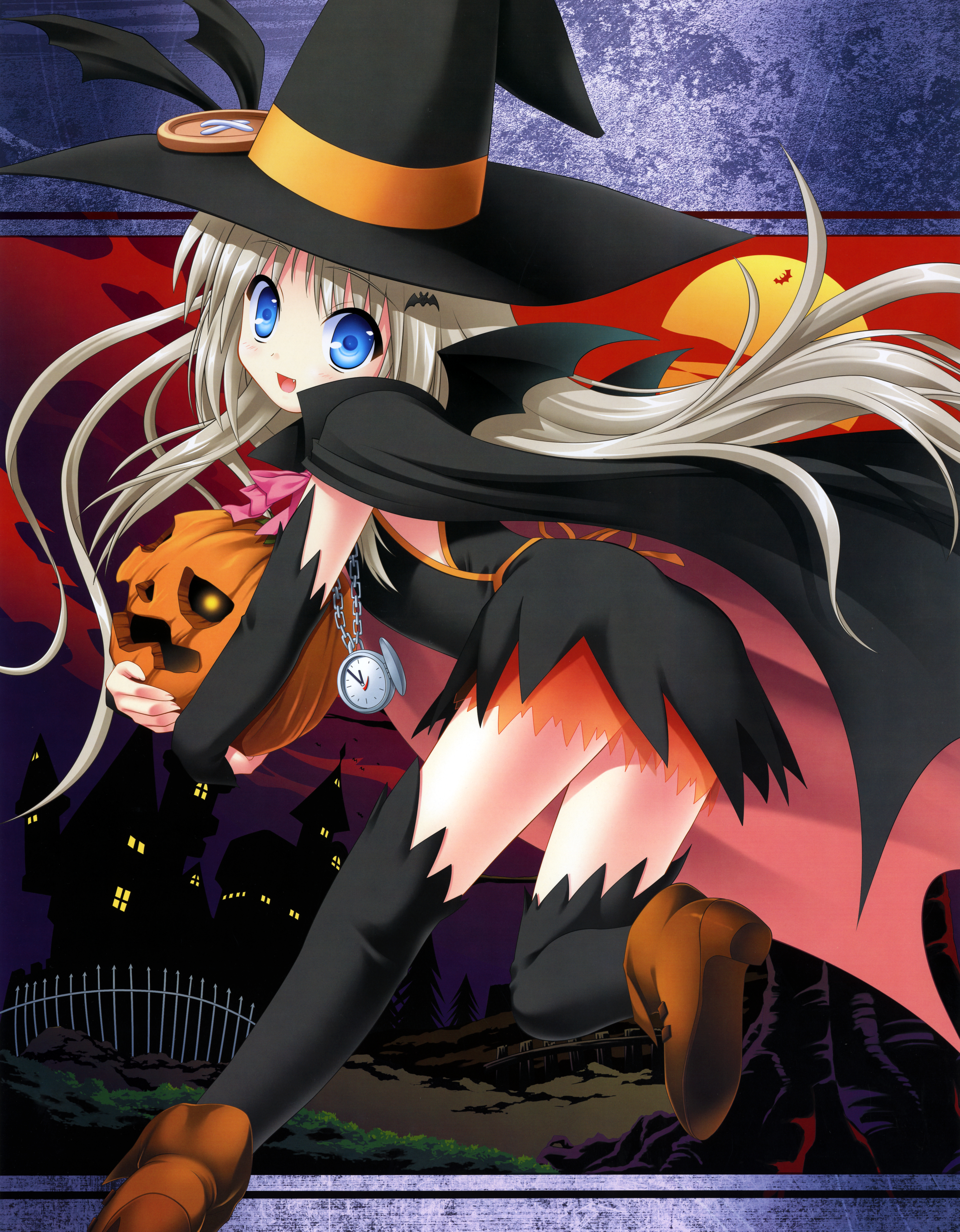 na-ga, noumi kudryavka, little busters!, silver hair, absurdres, highres, huge filesize, 1girl, arm warmers, bat wings, black thighhighs, blue eyes, buttons, cape, fang, female focus, halloween, hat, hat ribbon, jack-o'-lantern, large buttons, long hair, oversized button, pocket watch, pumpkin, ribbon, solo, thighhighs, watch, wings, witch hat