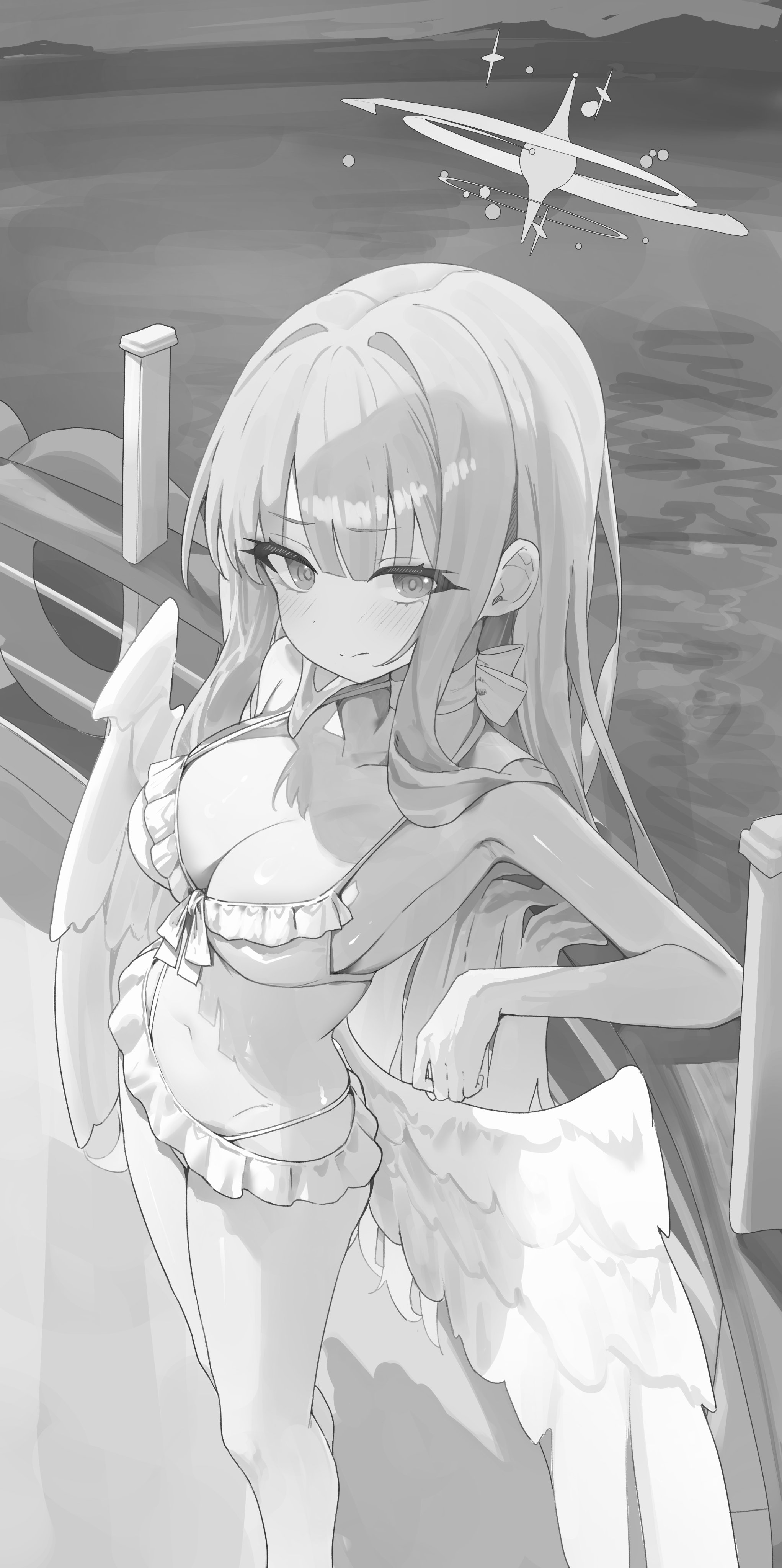 kerno, mika (blue archive), mika (swimsuit) (blue archive), blue archive, absurdres, highres, 1girl, alternate costume, angel wings, bikini, blush, breasts, cleavage, closed mouth, collarbone, feathered wings, frilled bikini, frills, greyscale, halo, large breasts, long hair, looking at viewer, low wings, monochrome, navel, outdoors, solo, swimsuit, wings