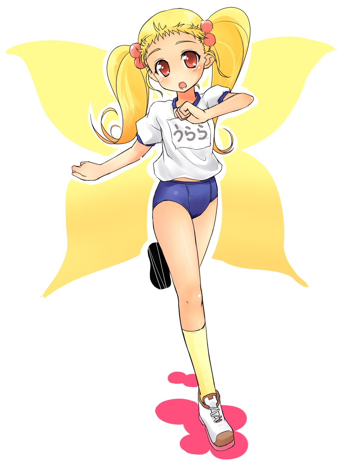 sw (taco), kasugano urara (yes! precure 5), precure, yes! precure 5, highres, 00s, 1girl, blonde hair, buruma, female focus, gym uniform, socks, solo, twintails