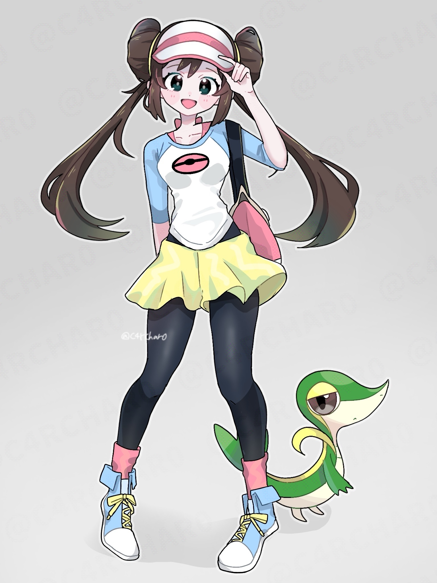c4rchar0, rosa (pokemon), snivy, nintendo, pokemon, pokemon bw2, commentary request, highres, 1girl, :d, black pantyhose, blue shoes, breasts, brown hair, collarbone, double bun, gen 5 pokemon, grey background, hair bun, hand up, happy, long hair, looking at viewer, open mouth, pantyhose, pantyhose under shorts, pink bag, pink socks, pokemon (creature), raglan sleeves, shirt, shoes, shorts, smile, socks, standing, twintails, visor cap, watermark, yellow shorts