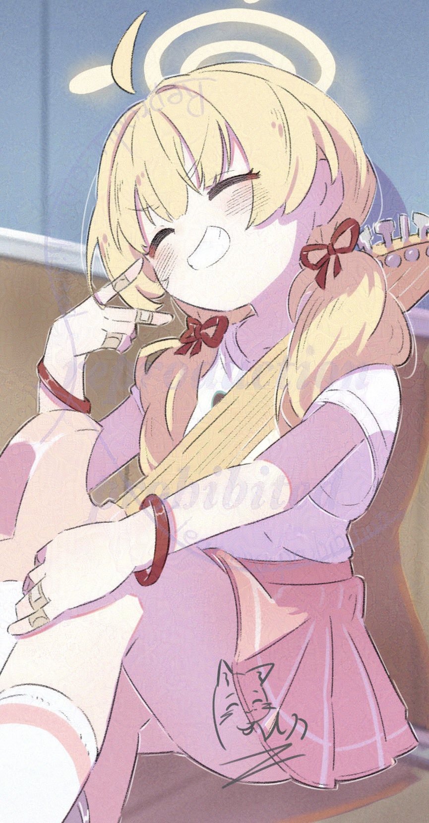inaririn, yoshimi (band) (blue archive), yoshimi (blue archive), blue archive, highres, 1girl, ahoge, bandaid, blonde hair, blush, bracelet, closed eyes, grin, guitar, hair ribbon, halo, holding, holding instrument, indoors, instrument, jewelry, long hair, low twintails, pink skirt, pleated skirt, red ribbon, ribbon, shirt, short sleeves, signature, sitting, skirt, smile, socks, solo, twintails, v, watermark, white shirt, white socks, yellow halo