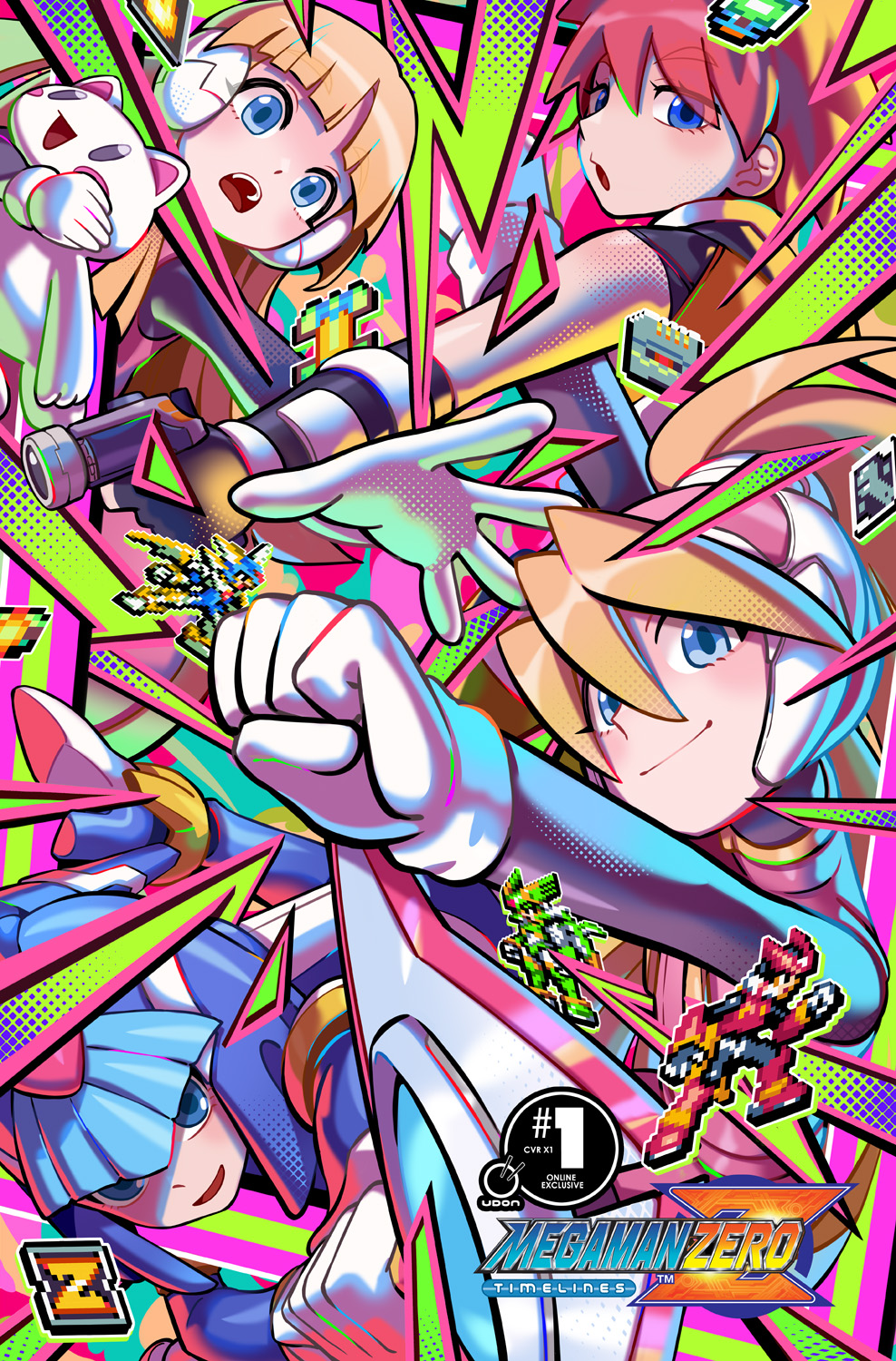 keenbiscuit, udon entertainment, alouette (mega man), ciel (mega man), copy x (mega man), fairy leviathan (mega man), neige (mega man), sage harpuia (mega man), mega man (series), mega man zero (series), highres, official art, 4girls, blonde hair, blue eyes, blue helmet, forehead jewel, helmet, multiple girls, red hair, robot ears, stuffed animal, stuffed cat, stuffed toy