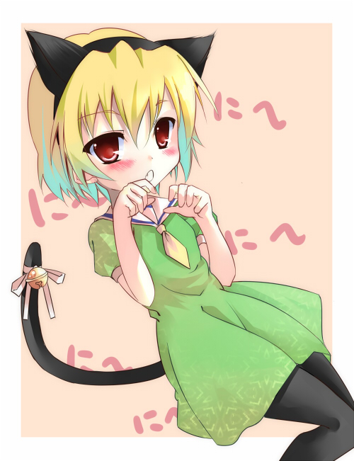 sho (runatic moon), houjou satoko, higurashi no naku koro ni, 00s, 1girl, animal ears, bell, blonde hair, bow, cat ears, cat tail, female focus, jingle bell, necktie, nyan, pantyhose, red eyes, short hair, solo, tail, tail bell, tail ornament