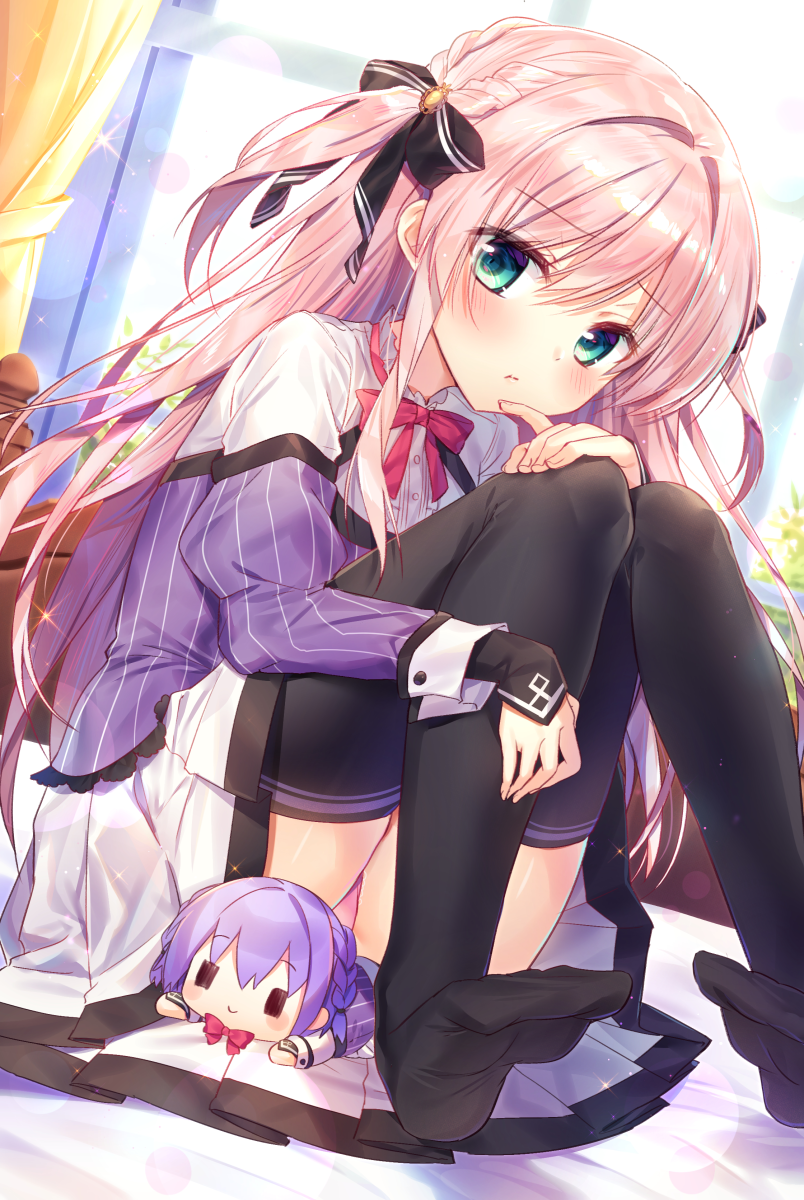 mofukoke, asuka minato, saionji kazari, otome domain, commentary request, highres, 1girl, :o, black ribbon, black thighhighs, blush, curtains, green eyes, hair ribbon, hand on own leg, indoors, long hair, long sleeves, looking at viewer, panties, pink hair, pink panties, pleated skirt, red ribbon, ribbon, school uniform, sitting, skirt, solo, stuffed toy, thighhighs, underwear, white skirt, window