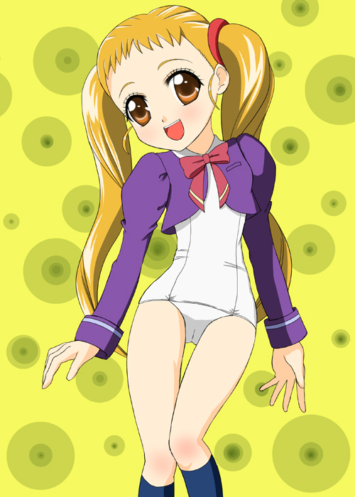 sawa (artist), sawa (snack yoshie), kasugano urara (yes! precure 5), precure, yes! precure 5, 00s, 1girl, brown eyes, brown hair, cropped jacket, eyelashes, female focus, no pants, one-piece swimsuit, school swimsuit, solo, swimsuit, swimsuit under clothes, twintails, white one-piece swimsuit, white school swimsuit
