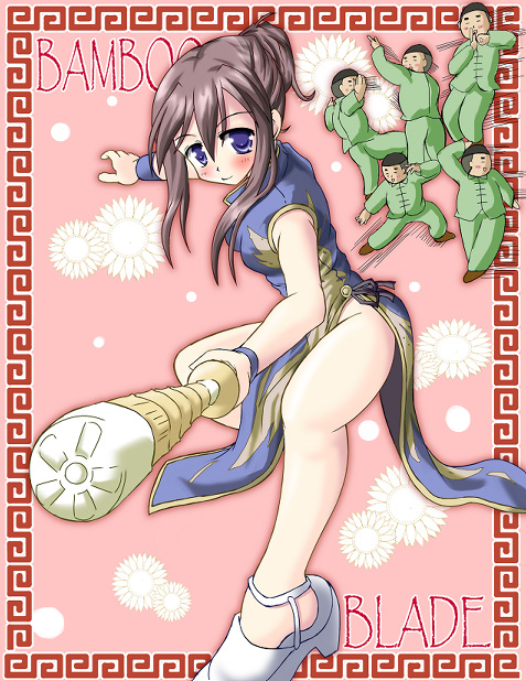 hiiragi tomoka, danjuuro eiga, eiga danjuurou, miyazaki miyako, bamboo blade, haou airen, 1girl, 5boys, china dress, chinese clothes, dress, foreshortening, kung fu, multiple boys, parody, shinai, sword, weapon