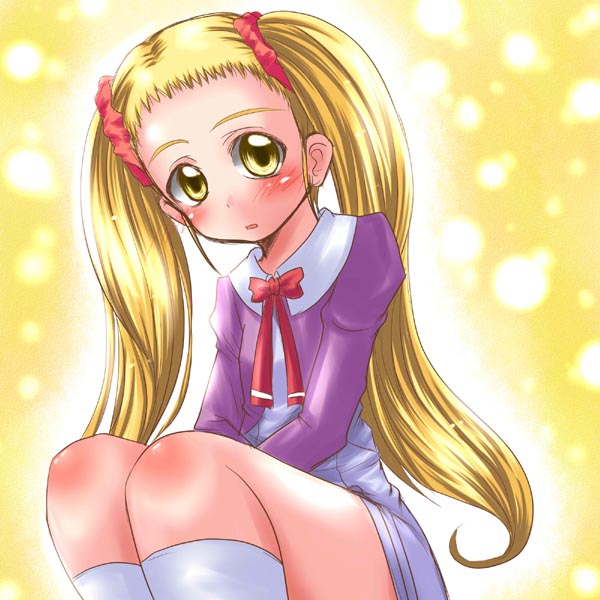 misana, kasugano urara (yes! precure 5), precure, yes! precure 5, 00s, 1girl, blonde hair, female focus, long hair, purple skirt, school uniform, serafuku, skirt, socks, solo, twintails, yellow background, yellow eyes