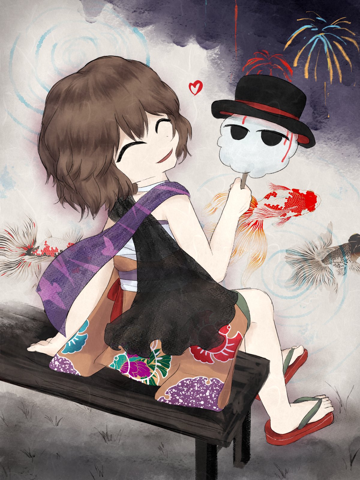 kuroda (kurota ne), enraku tsubakura, kuzu suzumi, kuzu suzumi (summer sparrow acting behind the scenes), book of the cafe, len'en, highres, 1other, ^ ^, aerial fireworks, androgynous, animal print, bare arms, bare legs, bare shoulders, black scarf, blood, blood drip, brown hair, character-themed food, chest sarashi, choker, closed eyes, cotton candy, fireworks, fish, fish print, flying fish, food, from behind, full body, grass, green shorts, head tilt, heart, holding, holding cotton candy, holding food, japanese clothes, kimono, koi, night, official alternate costume, official style, on bench, open mouth, orange kimono, other focus, outdoors, partially undressed, purple scarf, red sandals, sandals, sarashi, scarf, short hair, shorts, sitting, smile, solo, toenails, toes, two-tone scarf, white choker, yukata