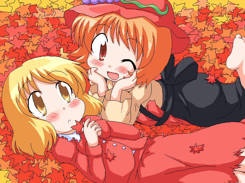 geetsu, aki minoriko, aki shizuha, touhou, 2girls, barefoot, feet, female focus, hair ornament, leaf, leaf hair ornament, multiple girls, oekaki, siblings, sisters
