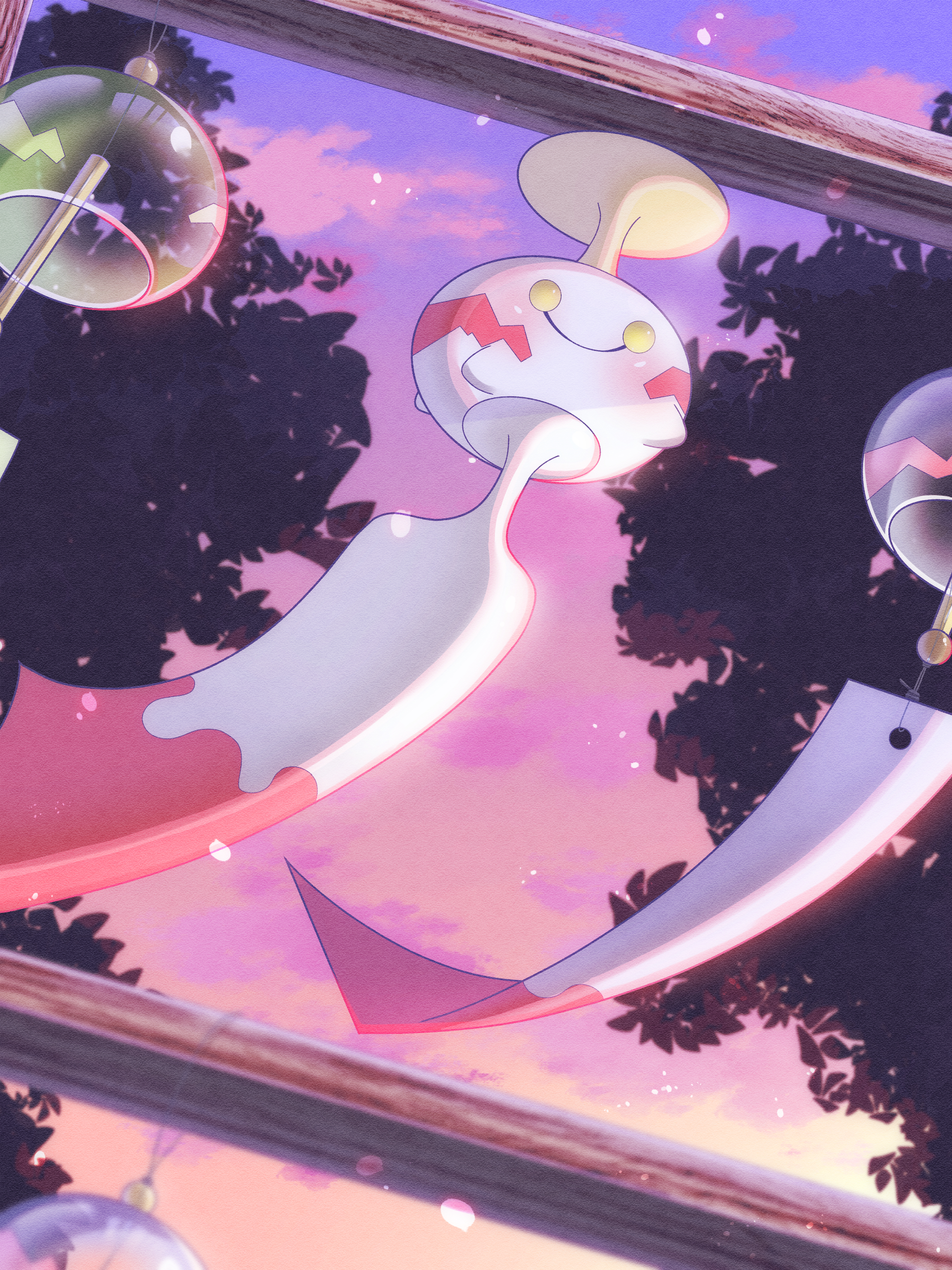 rlngo juice, chimecho, nintendo, pokemon, absurdres, commentary request, highres, closed mouth, cloud, gen 3 pokemon, happy, no humans, outdoors, pokemon (creature), pokemon focus, sky, smile, solo, twilight, wind chime, yellow eyes