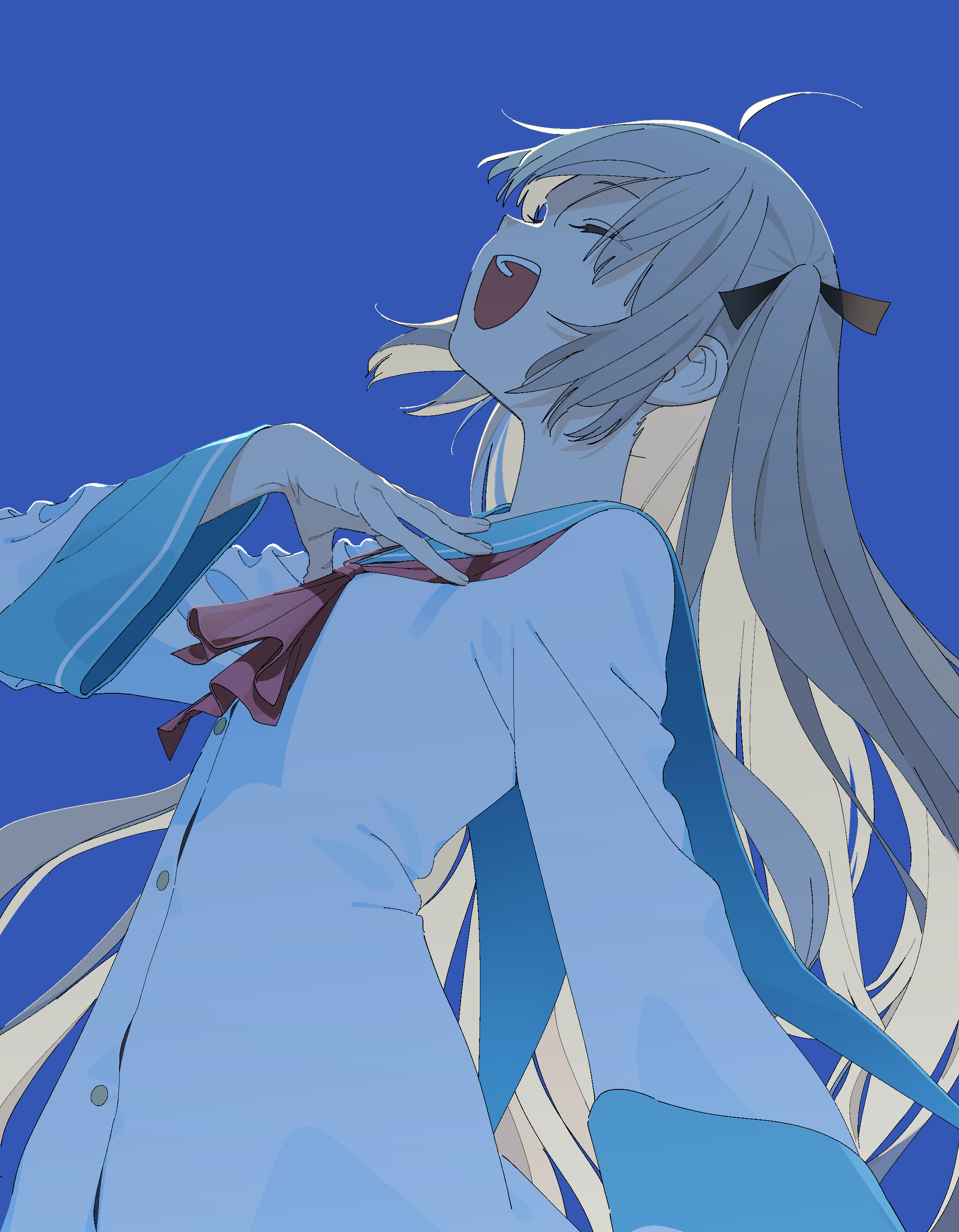 rasupekuto, atri, atri-my dear moments-, absurdres, commentary request, highres, 1girl, 2025, :d, ^ ^, ahoge, ascot, black ribbon, blue background, blue sailor collar, brown hair, buttons, closed eyes, cowboy shot, dated commentary, dress, floating hair, from side, hair ribbon, hand up, laughing, leaning back, long hair, long sleeves, open mouth, profile, red ascot, ribbon, sailor collar, sailor dress, sidelocks, simple background, smile, solo, teeth, two side up, upper teeth only, very long hair, white dress, wide sleeves