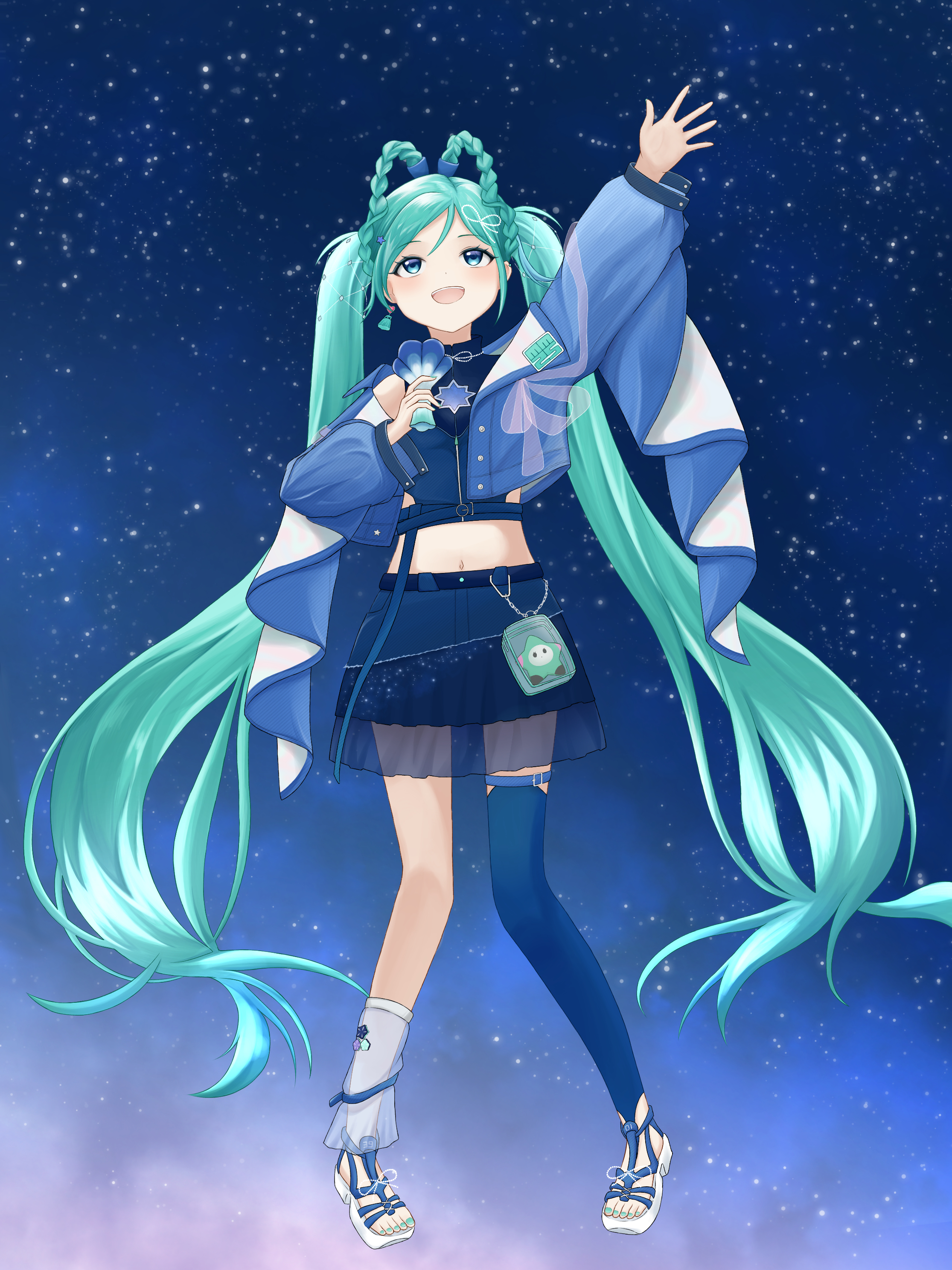 hatsune miku, magical mirai miku, magical mirai miku (2025), magical mirai (vocaloid), vocaloid, absurdres, highres, aqua eyes, aqua hair, arm up, asymmetrical legwear, blue thighhighs, blush, crop top, full body, holding, holding microphone, long hair, looking up, lustrous (vocaloid), micfile, microphone, nail polish, navel, official alternate costume, official alternate hairstyle, open mouth, single thighhigh, smile, stomach, thighhighs, toenail polish, toenails, twintails, very long hair