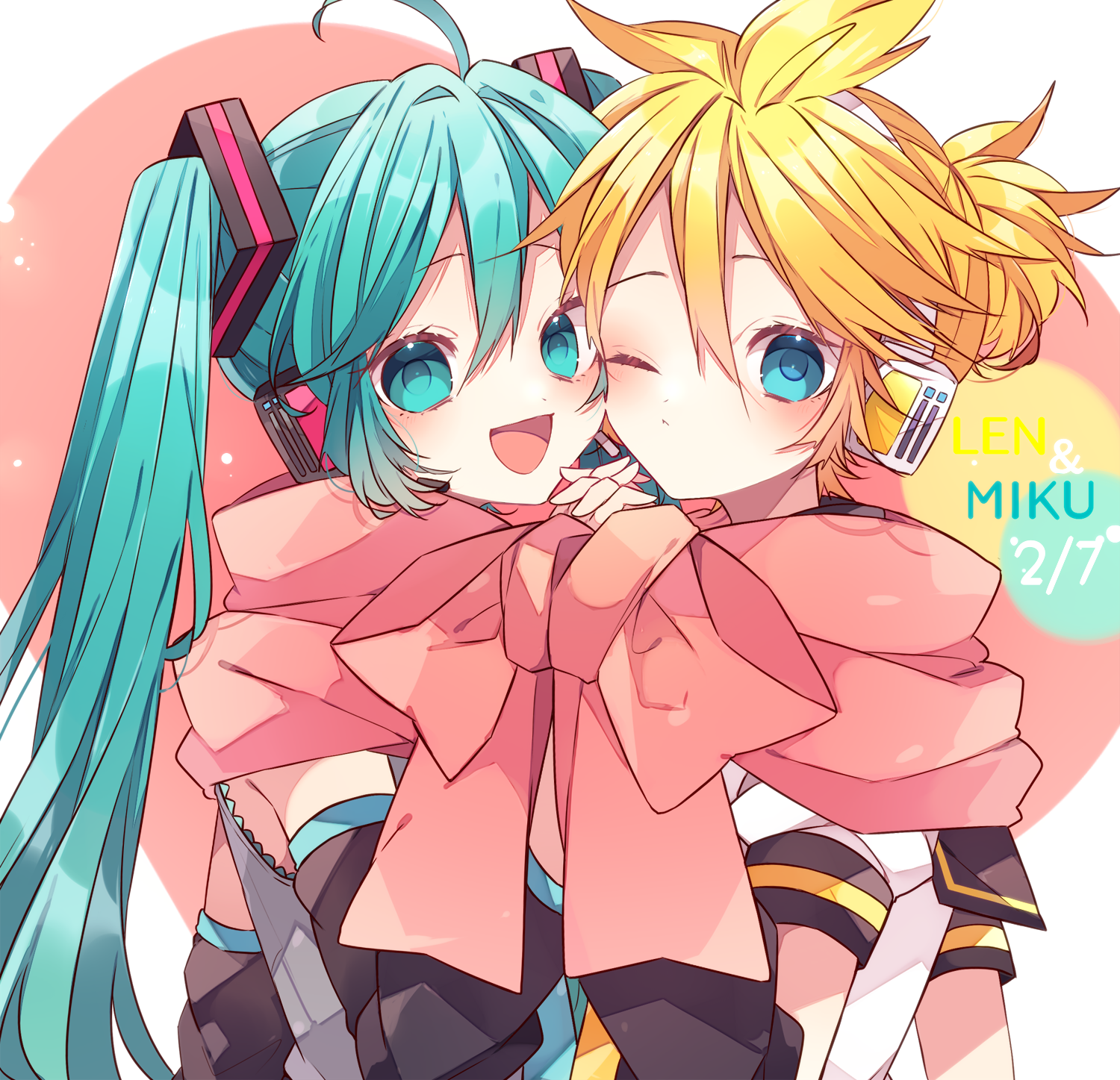 kaho 0102, hatsune miku, kagamine len, vocaloid, commentary request, highres, 1boy, 1girl, :d, arm warmers, bare shoulders, bass clef, black sailor collar, black sleeves, blonde hair, blue eyes, blue hair, blue necktie, blush, character name, closed mouth, dated, detached sleeves, double-parted bangs, hair between eyes, headset, holding hands, long hair, long sleeves, looking at viewer, necktie, open mouth, pink scarf, sailor collar, scarf, shirt, short hair, short sleeves, sleeveless, sleeveless shirt, smile, twintails, upper body, white shirt
