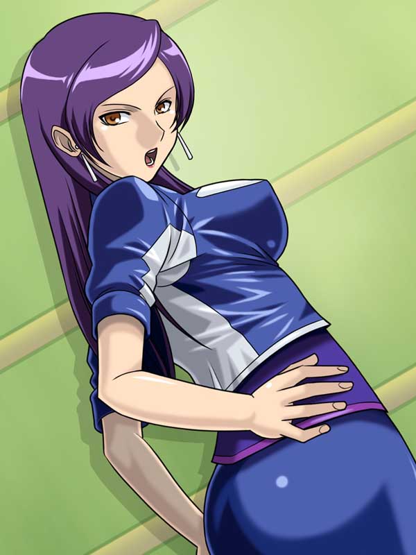 little cheat-ya, onda takeshi, kurosaki miki, digimon, digimon savers, 1girl, angry, ass, breasts, covered erect nipples, crop top, earrings, female focus, from behind, hand on own hip, jacket, jewelry, large breasts, lipstick, long hair, looking back, makeup, mature female, miniskirt, open mouth, orange eyes, pencil skirt, purple hair, shadow, shiny clothes, skin tight, skirt, solo, spandex, standing, yellow eyes