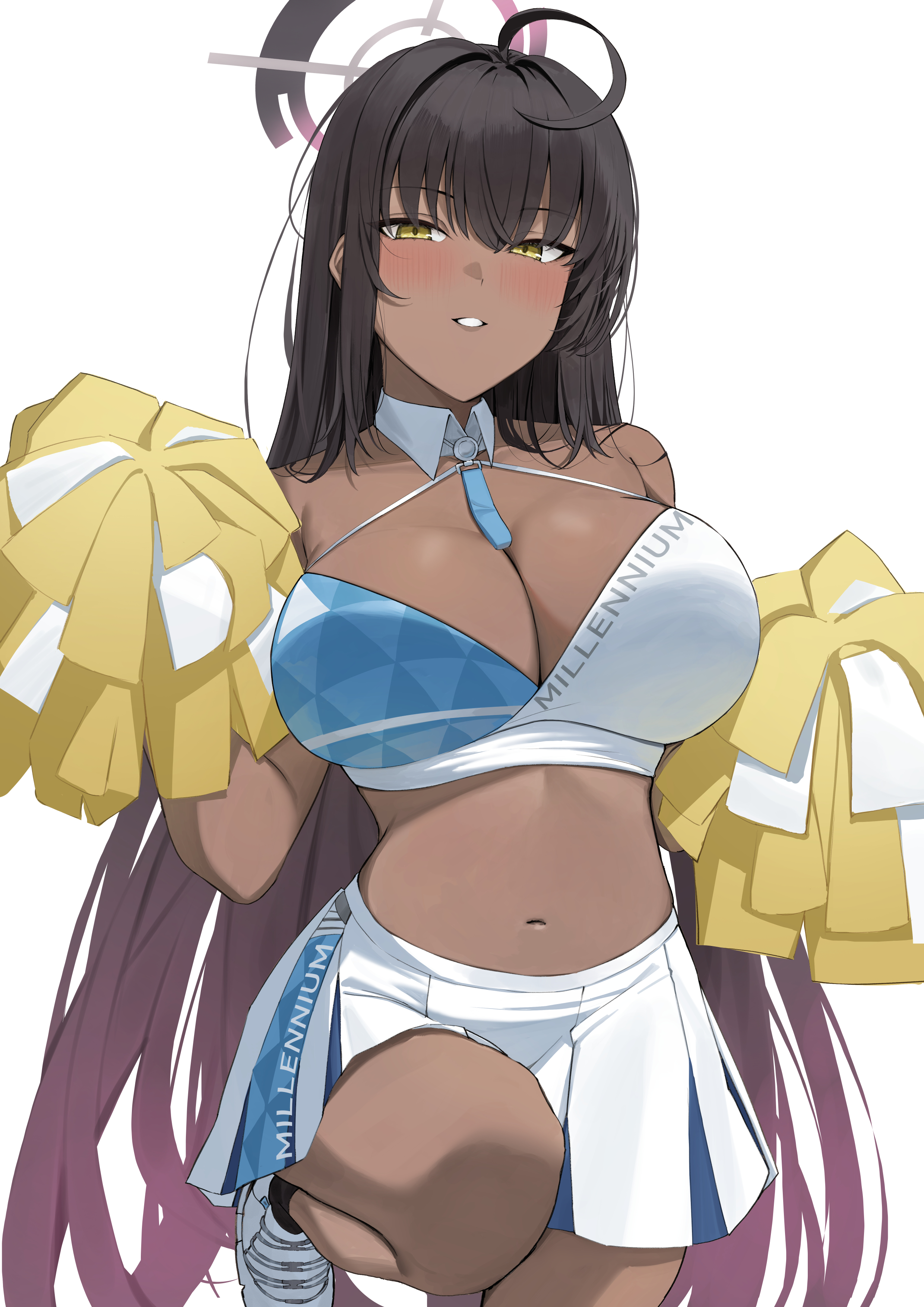 ref (pmxt4483), karin (blue archive), blue archive, absurdres, highres, 1girl, ahoge, bare shoulders, black hair, blush, breasts, cleavage, criss-cross halter, dark-skinned female, dark skin, grin, halo, halterneck, holding, holding pom poms, large breasts, long hair, looking at viewer, millennium cheerleader outfit (blue archive), miniskirt, navel, pleated skirt, pom pom (cheerleading), pom poms, skirt, smile, solo, sports bra, thighs, very long hair, white skirt, yellow eyes