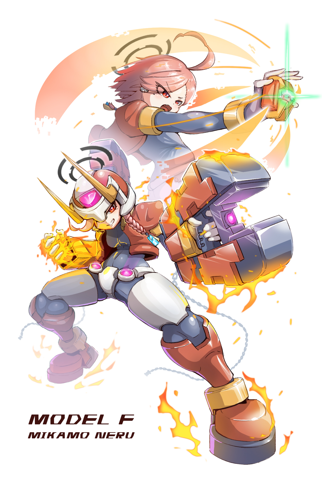 uncleduk, model f (mega man), mega man (series), mega man zx, mega man zx advent, original, highres, 1girl, ahoge, armor, biometal, cowboy shot, fire, forehead jewel, full body, helmet, henshin pose, multiple views, orange armor, orange hair, orange helmet, red eyes, short hair