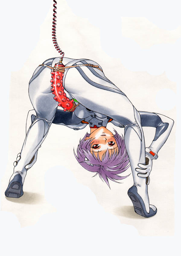 minazuki juuzou, ayanami rei, neon genesis evangelion, 1girl, ass, bent over, blue hair, blush, bodysuit, breasts, dildo, female focus, from behind, interface headset (evangelion), looking at viewer, looking back, looking through own legs, mecha pilot suit, plugsuit (evangelion), purple hair, red eyes, sex toy, short hair, simple background, small breasts, solo, spread legs, studded vibrator, vibrator, white background, white bodysuit