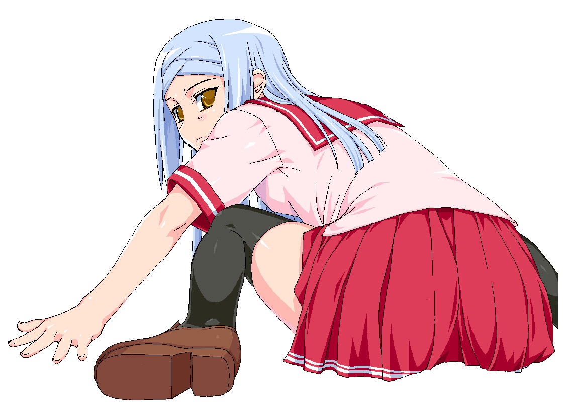shichimenchou, soma peries, gundam, gundam 00, to heart (series), to heart 2, 1girl, ass, blue hair, cosplay, female focus, long hair, looking back, school uniform, serafuku, shoes, simple background, sitting, skirt, solo, thighhighs, yellow eyes