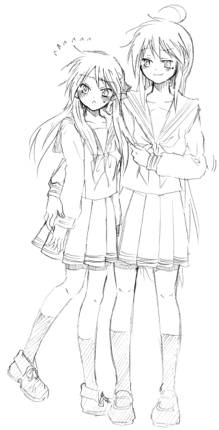 kochoko, hiiragi kagami, izumi konata, lucky star, 00s, 2girls, :<, greyscale, mole, mole under eye, monochrome, multiple girls, school uniform, serafuku