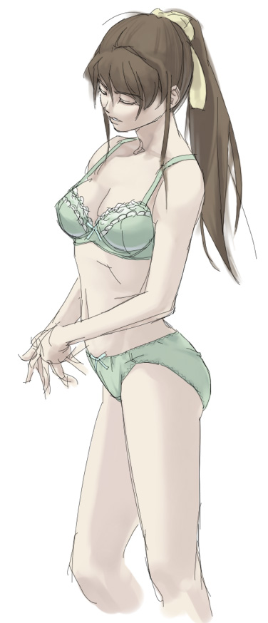 you2, original, 1girl, bow, bow bra, bow panties, bra, breasts, brown hair, closed eyes, female focus, green bra, green panties, lingerie, medium breasts, navel, neck, nose, panties, ponytail, solo, standing, underwear, underwear only, yellow bow