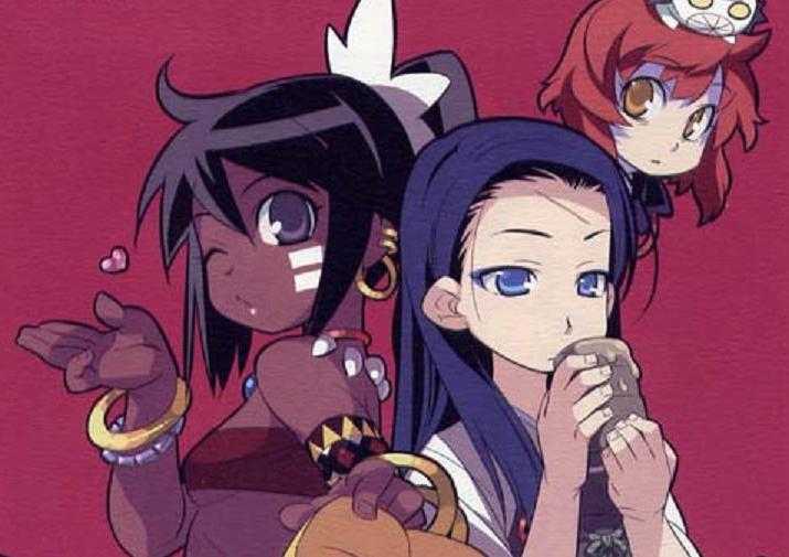 ren (sekaiju), shilleka, tlachtga, atlus, etrian odyssey, 3girls, ;o, black hair, blowing kiss, blue eyes, blue hair, blush, bracelet, cup, dark-skinned female, dark skin, drinking, expressionless, facepaint, heart, jewelry, looking at viewer, multiple girls, one eye closed, parted lips, ponytail, red hair, shaded face, short hair, tribal, upper body, wink, yellow eyes