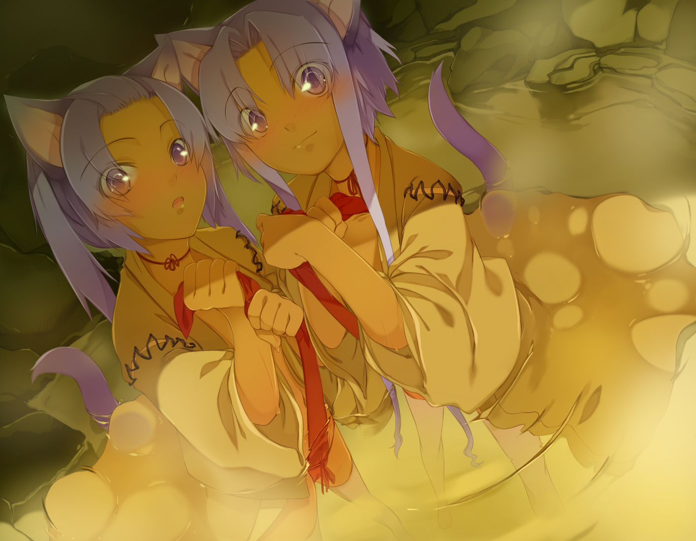 maruku, original, 2girls, animal ears, blush, cat ears, cat tail, dark-skinned female, dark skin, fundoshi, japanese clothes, miko, multiple girls, onsen, paw pose, purple eyes, purple hair, short hair, siblings, sisters, tail, thighhighs, twins, water, wet, white thighhighs