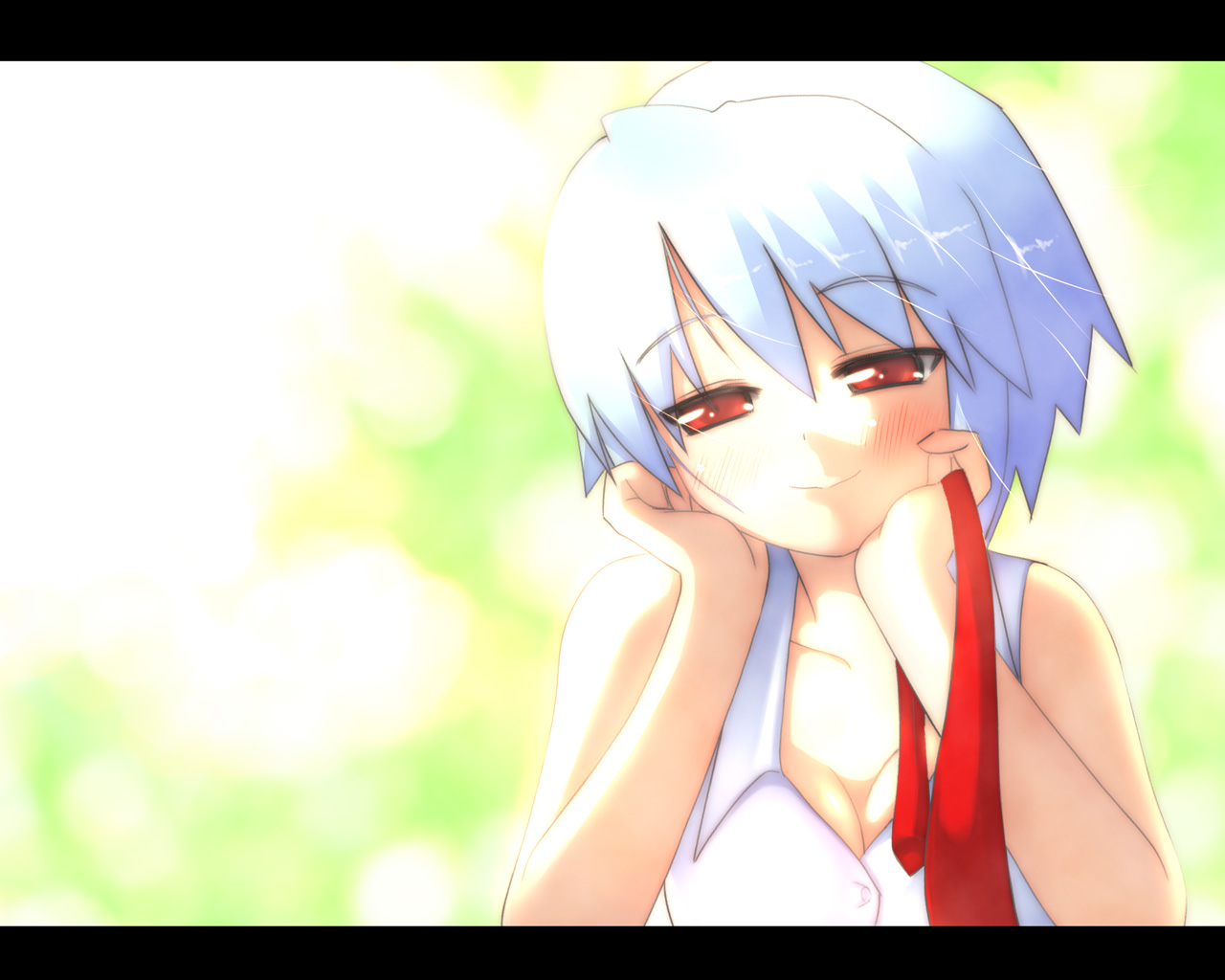 akino sora, kotonomiya yuki, suigetsu, silver hair, 1girl, bare shoulders, breasts, cleavage, collarbone, female focus, half-closed eyes, holding, letterboxed, looking at viewer, pov, red eyes, short hair, simple background, small breasts, solo, upper body, vest, white background