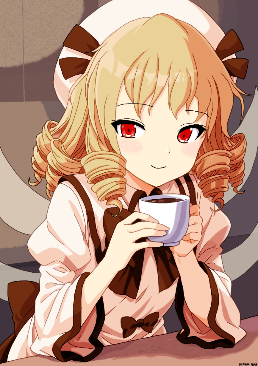 mist9801km, luna child, touhou, commentary request, highres, 1girl, blonde hair, blush, closed mouth, cup, dated, drill hair, fairy, fairy wings, hat, holding, holding cup, long hair, long sleeves, looking at viewer, red eyes, smile, solo, teacup, white hat, wide sleeves, wings