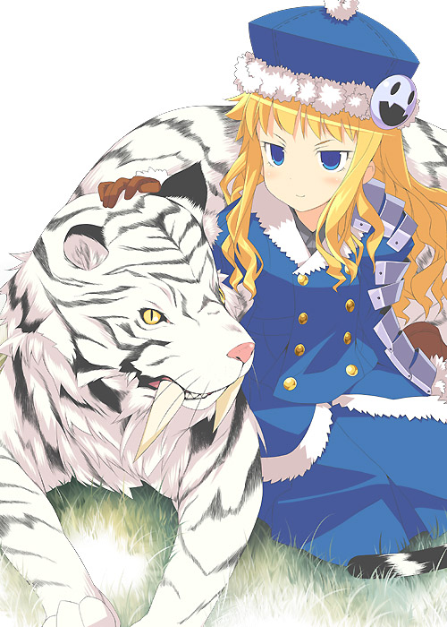 mizuki makoto, gunner (sekaiju), gunner 2 (sekaiju), jack frost (megami tensei), pet (sekaiju), pet 1 (sekaiju), atlus, etrian odyssey, 1girl, animal, hat, tiger