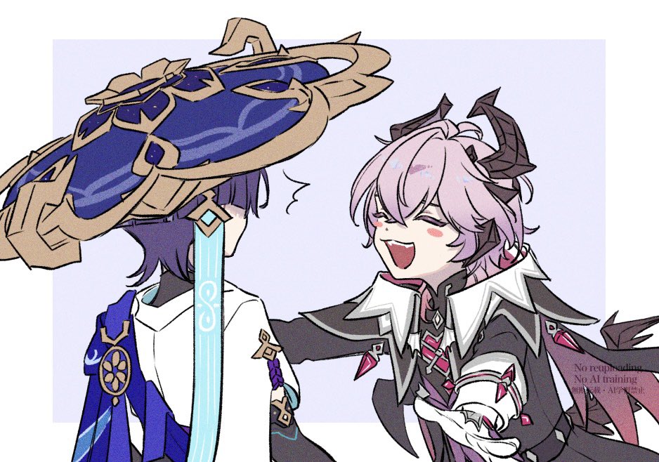 yoneya (ocome otabe), mini durin (genshin impact), mini durin (human) (genshin impact), scaramouche (genshin impact), wanderer (genshin impact), genshin impact, 2boys, artist name, black shirt, blush stickers, border, closed eyes, gloves, hair between eyes, hat, horns, jacket, jingasa, long sleeves, male focus, multiple boys, open clothes, open mouth, pink hair, purple hair, shirt, short hair, simple background, smile, teeth, upper body, vest, white background, white border, white gloves, white jacket, wings