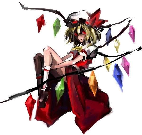 banpai akira, flandre scarlet, touhou, 1girl, black shoes, blonde hair, blouse, female focus, hair between eyes, hat, mob cap, red eyes, shirt, shoes, socks, solo, vampire, white hat, white shirt, white socks, wings