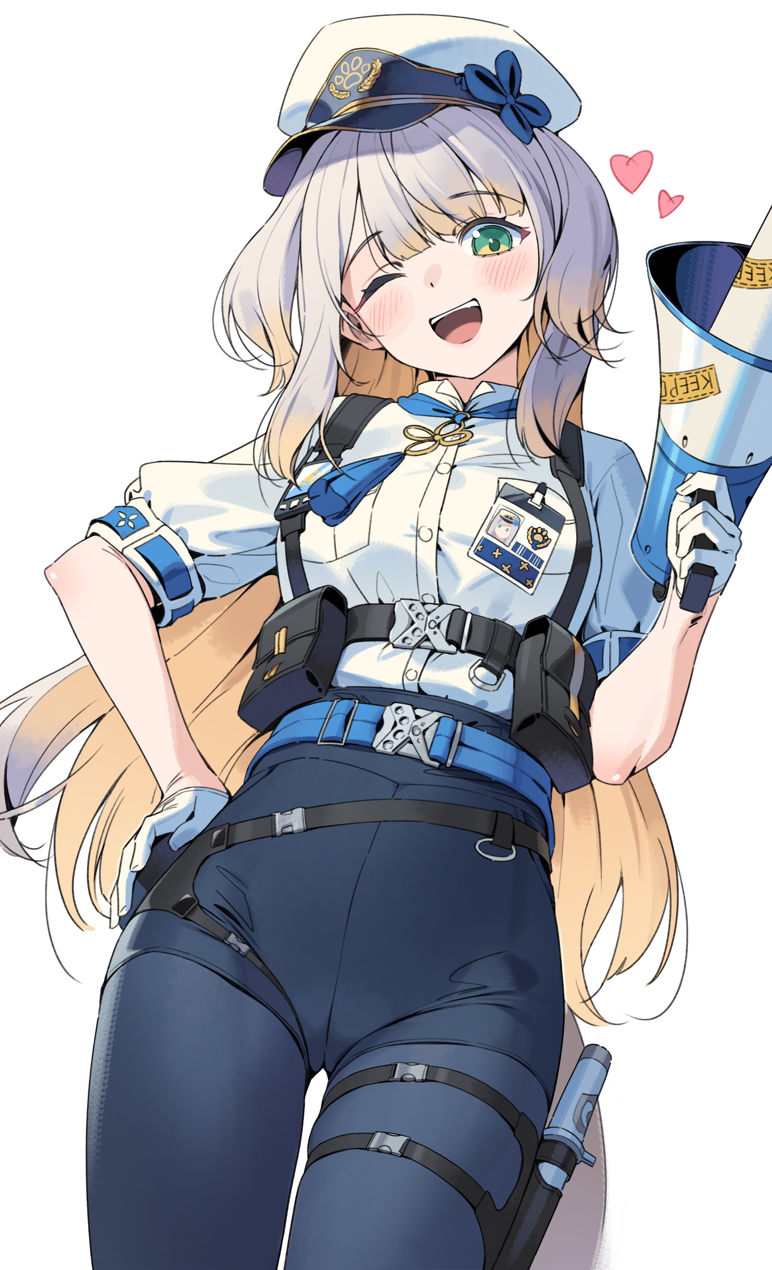 hop3, shioriha ruri, shioriha ruri (1st costume), nijisanji, absurdres, highres, 1girl, animal ears, baton (weapon), belt, belt buckle, blonde hair, blue pantyhose, blue shorts, blush, breast pocket, breasts, buckle, cowboy shot, dog ears, dog girl, dog tail, dress shirt, gloves, gradient hair, grey hair, hand on own hip, hat, heart, holding, holding megaphone, holster, long hair, looking at viewer, megaphone, multicolored hair, one eye closed, open mouth, pantyhose, pocket, police, police badge, police uniform, shirt, shorts, sidelocks, small breasts, smile, solo, standing, tail, thigh gap, thigh holster, weapon, white background, white gloves, white shirt