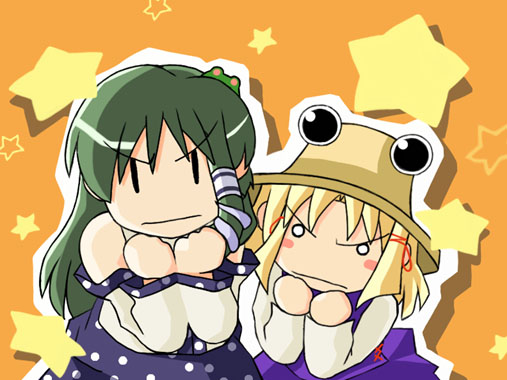 hana (hana mo arashi mo), kochiya sanae, moriya suwako, popotan, touhou, 2girls, caramelldansen, female focus, hat, icchae popotan, multiple girls, parody, star (symbol), star symbol background