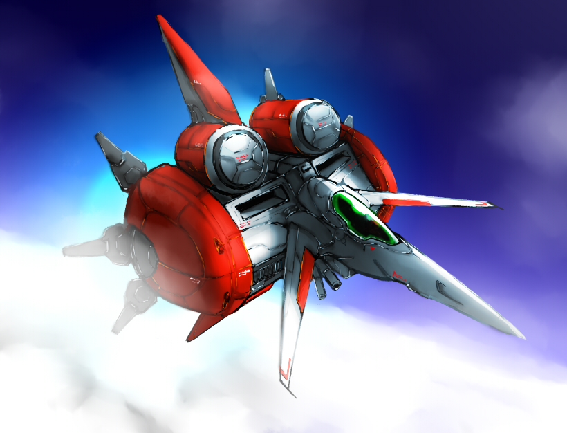 axelay, commentary, above clouds, blue sky, canopy (aircraft), cloud, d-117 axelay, flying, military vehicle, planetbob, sky, spacecraft, starfighter, thrusters, vehicle focus