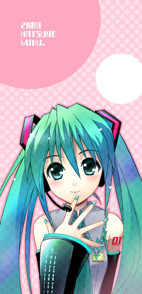 sato-pon, hatsune miku, vocaloid, 00s, 1girl, 2008, aqua hair, blush, character name, closed mouth, collared shirt, detached sleeves, female focus, grey shirt, hair between eyes, hair ornament, headphones, headset, long hair, looking at viewer, microphone, nail polish, necktie, polka dot, polka dot background, shirt, smile, solo, spread fingers, tattoo, twintails, upper body