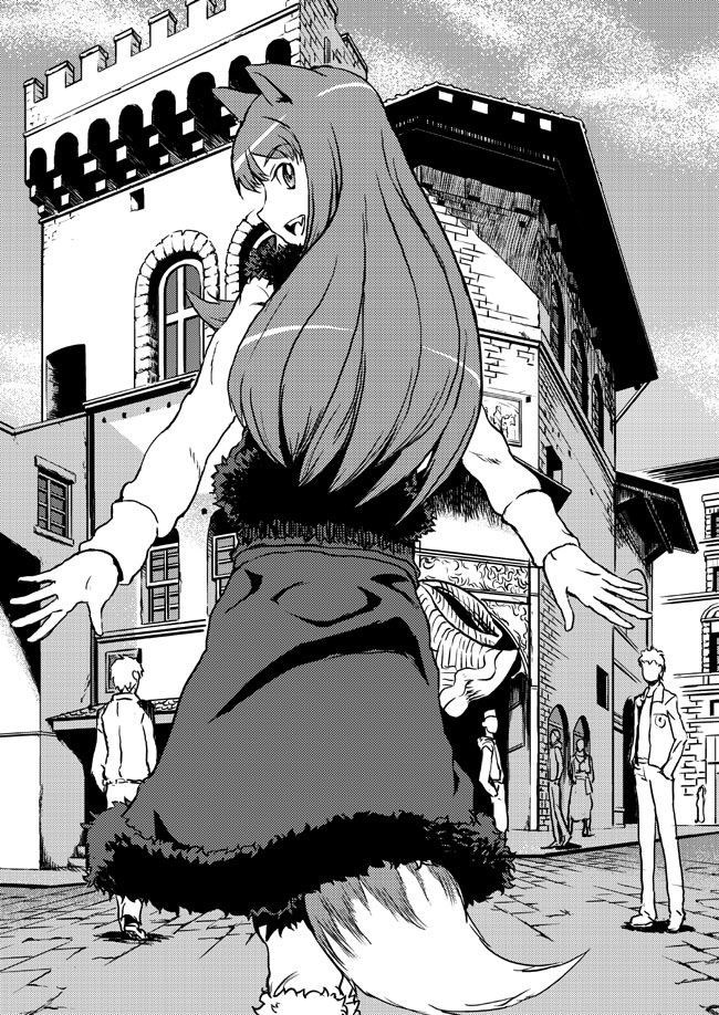 sfix, suka kusujirou, holo, spice and wolf, 00s, 1girl, animal ears, female focus, greyscale, monochrome, solo, tail, wolf ears, wolf tail