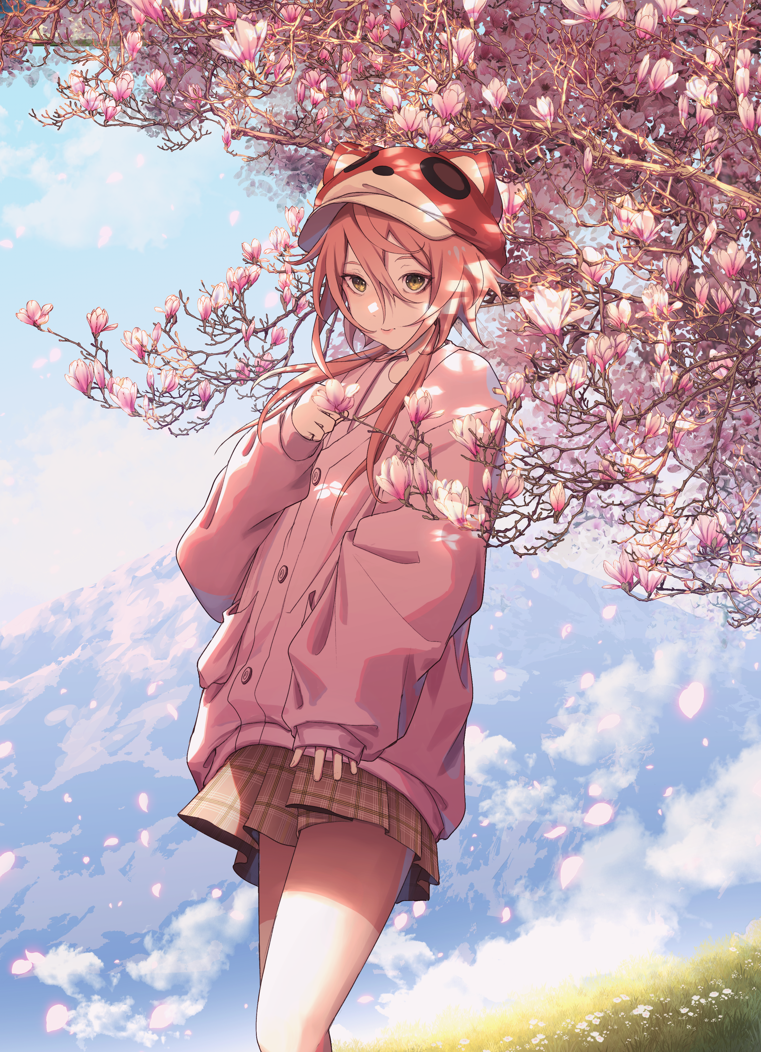 ev-oo, original, absurdres, highres, 1girl, blue sky, cherry, cherry blossoms, cherry tree, closed mouth, cowboy shot, flower, food, fruit, grass, hanami, hand on own chest, hat, lips, looking at another, mountain, on grass, pink hair, pleated, sky, yellow eyes