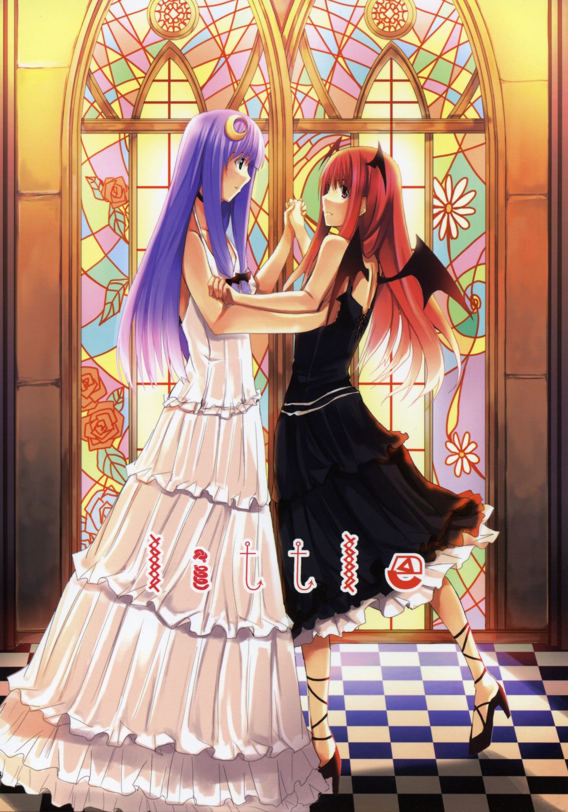 hamayumiba sou, koakuma, patchouli knowledge, embodiment of scarlet devil, touhou, tall, highres, 2girls, aged up, alternate costume, ankle lace-up, checkered floor, crescent, crescent hair ornament, dancing, dress, female focus, floor, hair ornament, head wings, multiple girls, perspective, stained glass, wedding dress, wings