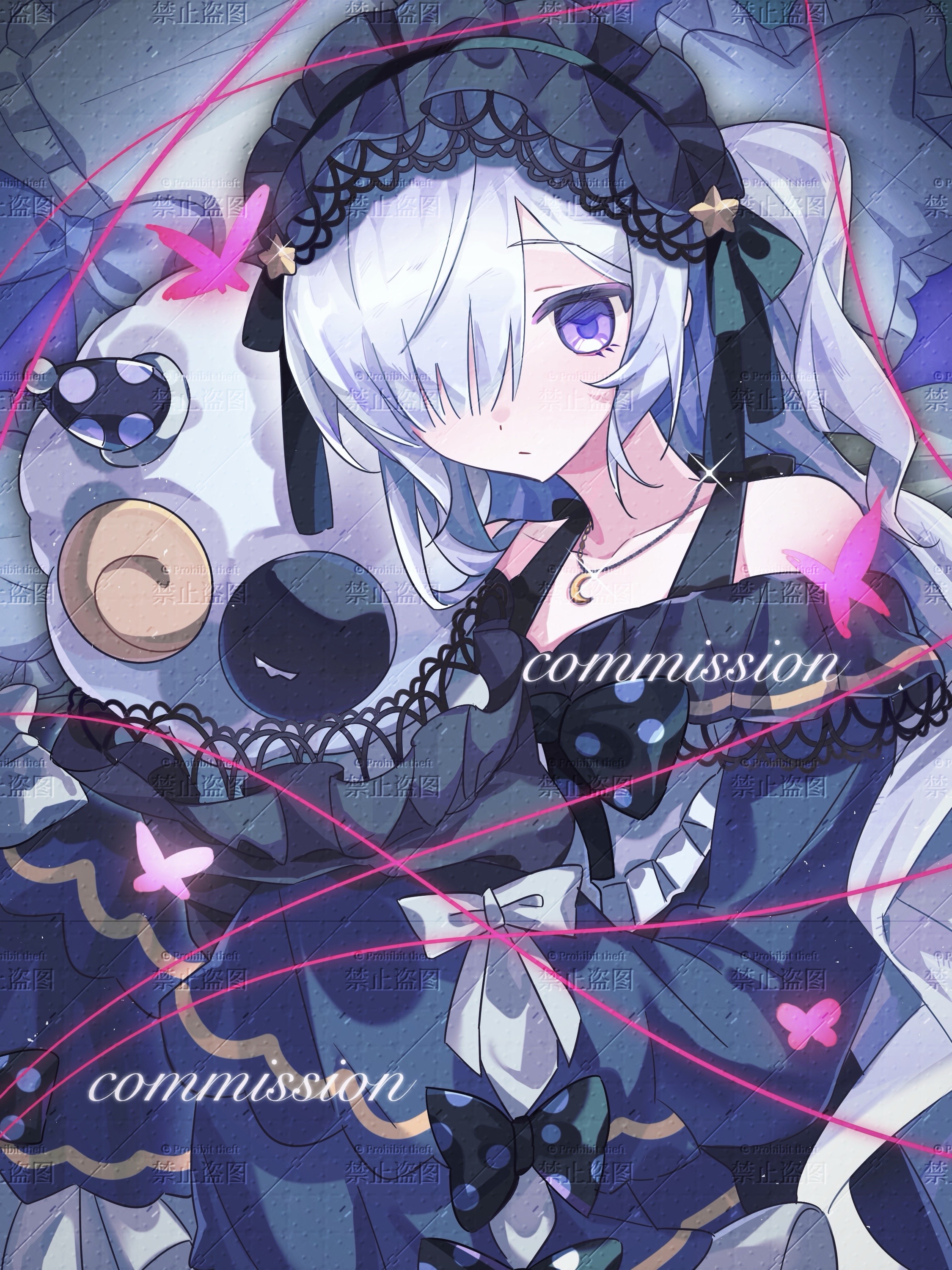 natsume anan, mahou shoujo no majo saiban, absurdres, chinese commentary, commentary request, commission, highres, 1girl, bare shoulders, black hairband, black ribbon, blue dress, bow, bug, butterfly, closed mouth, crescent, crescent necklace, dress, frilled dress, frills, gothic lolita, hair over one eye, hair ribbon, hairband, insect, jewelry, lolita fashion, lolita hairband, long hair, long sleeves, looking at viewer, magical girl, necklace, pillow, polka dot, polka dot bow, purple eyes, ribbon, sample watermark, sleeves past fingers, sleeves past wrists, solo, star (symbol), string, stuffed animal, stuffed sheep, stuffed toy, watermark, xiu xue sanjiu