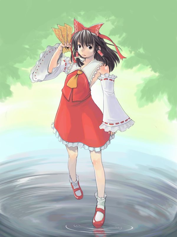 hidari kagetora, hakurei reimu, touhou, 1girl, ascot, black hair, bow, brown eyes, collar, detached sleeves, dress, female focus, frills, full body, hair bow, hair tubes, holding, long sleeves, looking at viewer, mary janes, ofuda, red bow, red dress, ribbon-trimmed sleeves, ribbon trim, shoes, short hair, sidelocks, solo, standing, walking, walking on liquid, water